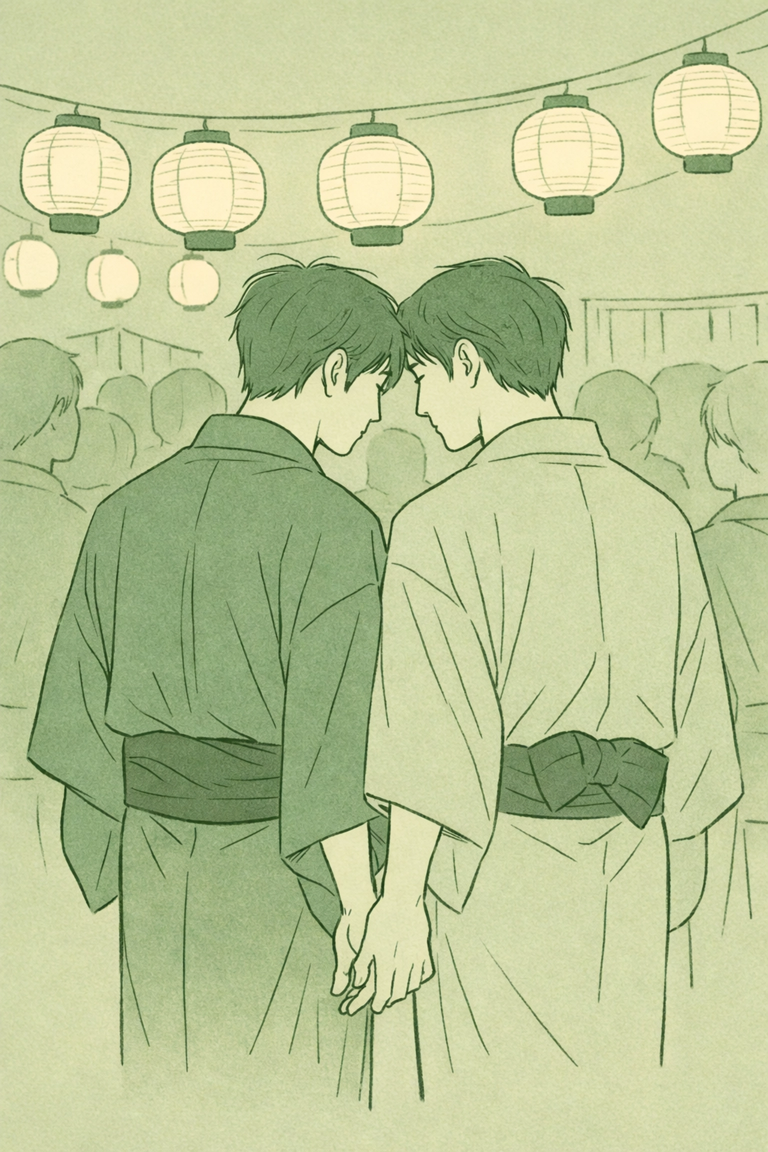 Two men in yukata share hidden touch at Japanese Matsuri festival - gay romance illustration