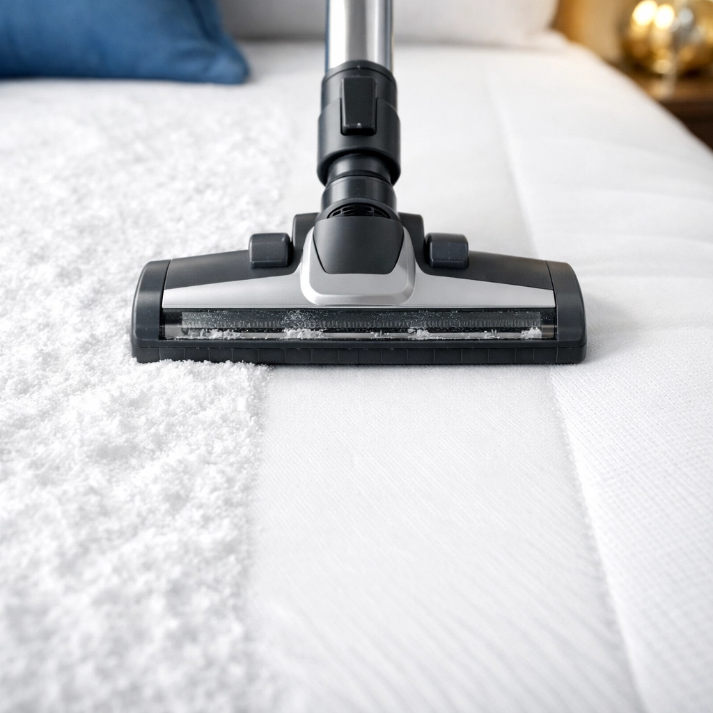 Vacuuming a white mattress using baking soda to remove deep-seated dust and extend its lifespan.