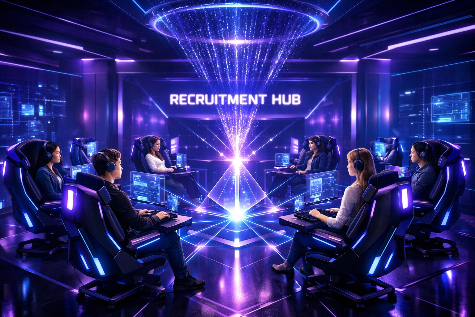 Modern recruitment hub with ergonomic pods representing a high-tech workforce talent funnel.