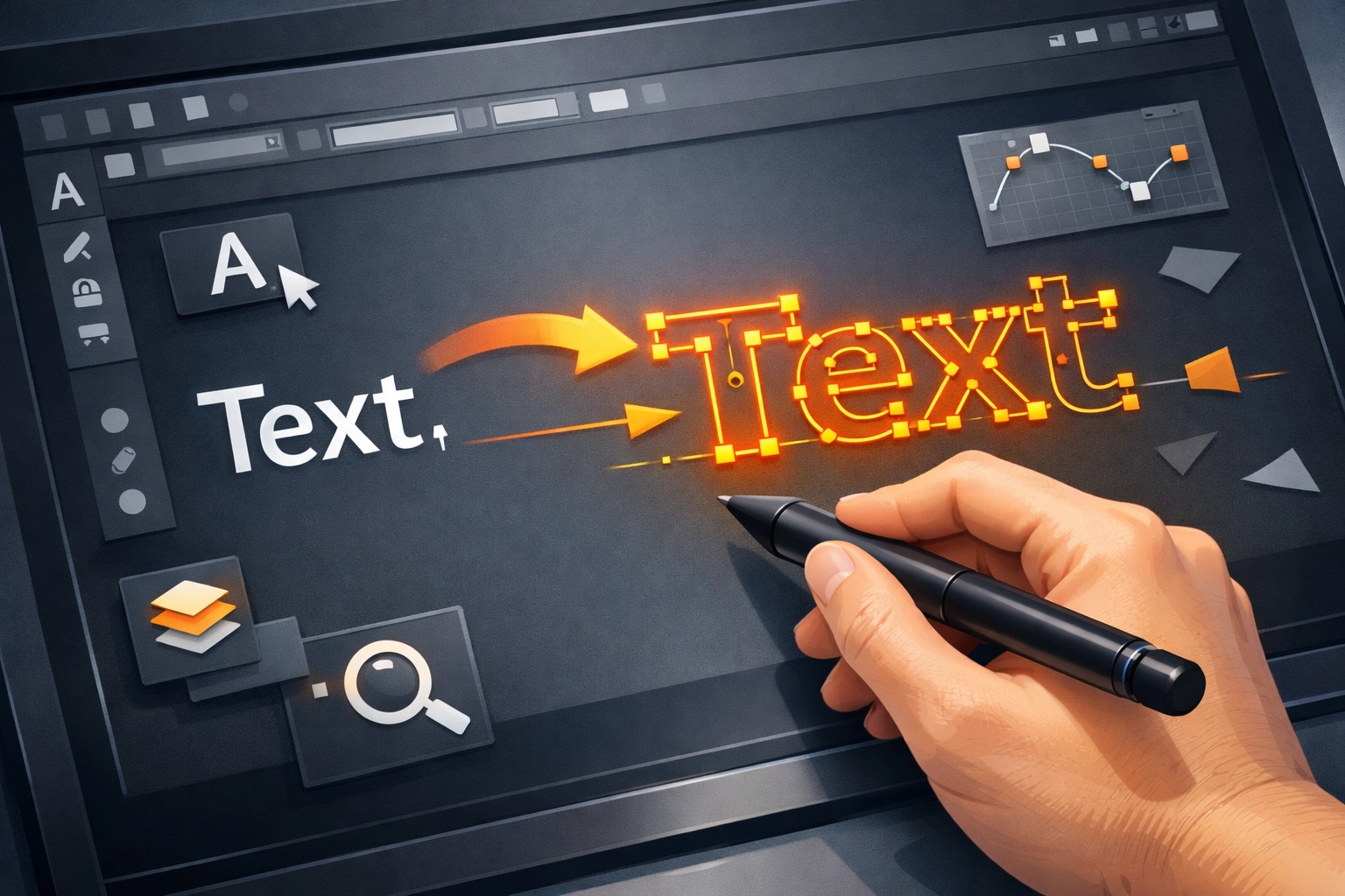 Converting text to outlines in Adobe Illustrator showing anchor points and vector paths