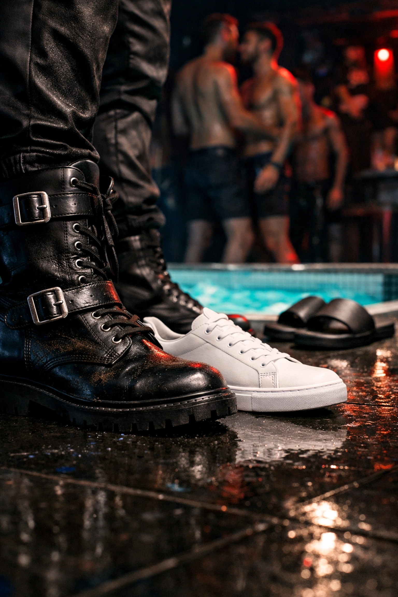 Essential gay club footwear: leather combat boots, white sneakers, and sliders.