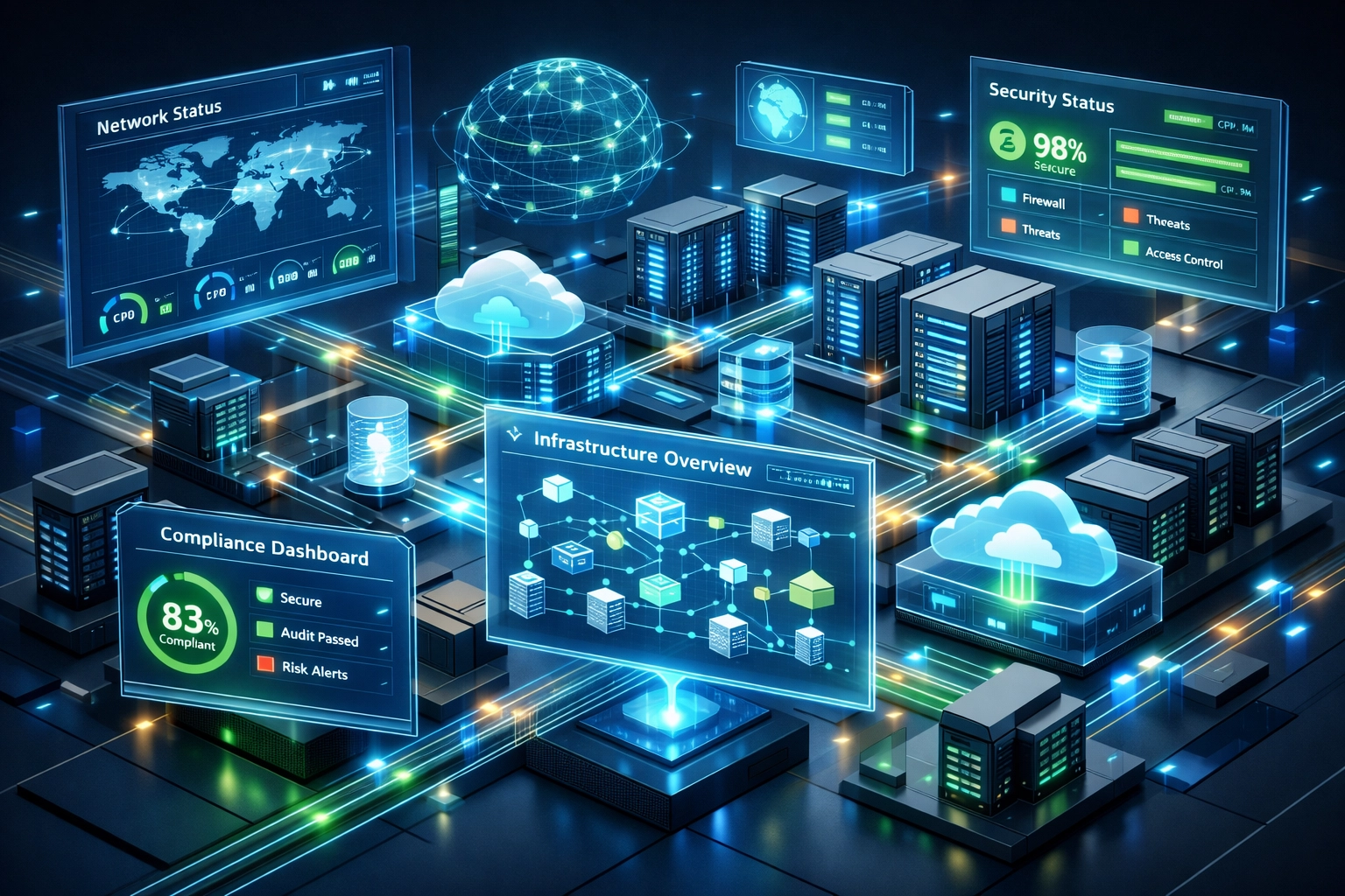 Financial institution operations center displaying real-time ITOM infrastructure monitoring for DORA compliance