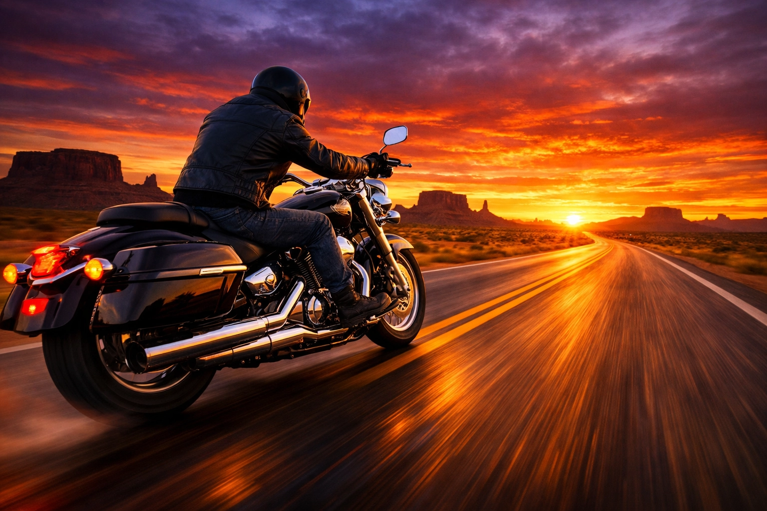 Cruiser motorcycle on a desert highway at sunset, the freedom found when you sell a motorcycle for cash.