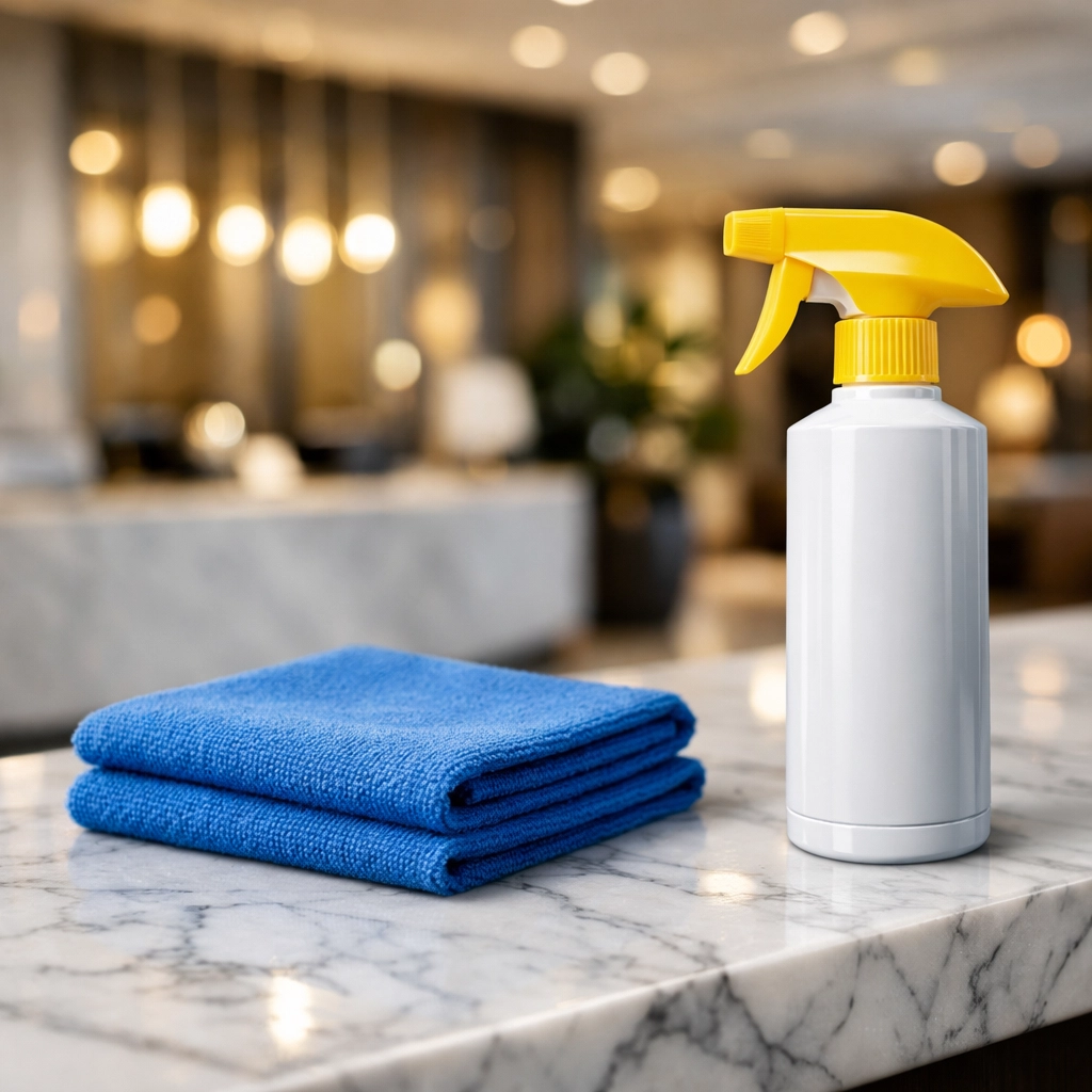 Detail of professional cleaning tools on a luxury marble desk for Janitorial Services Massachusetts.