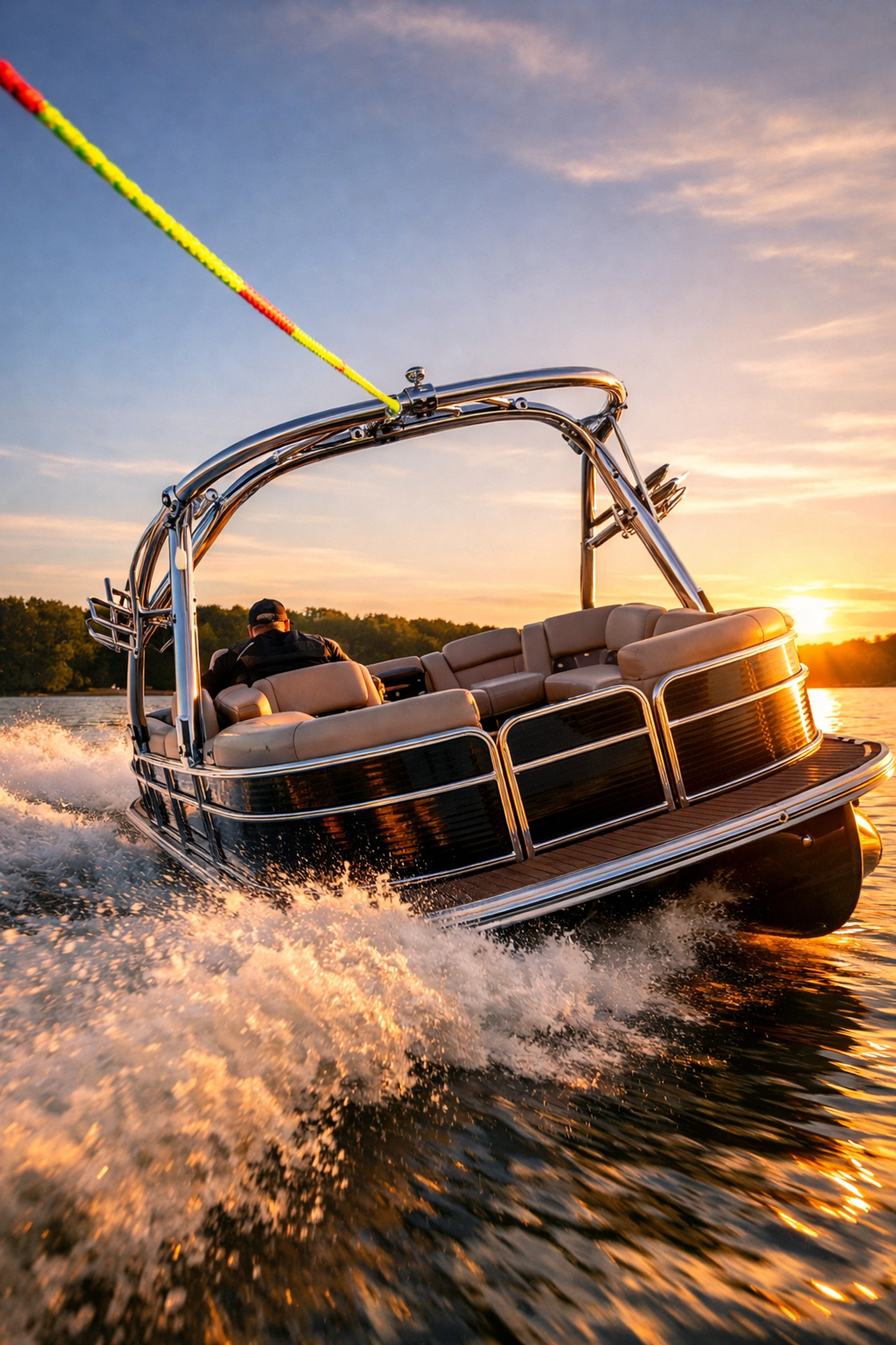 A fast pontoon boat with a chrome tow tower accessory for watersports and tubing.