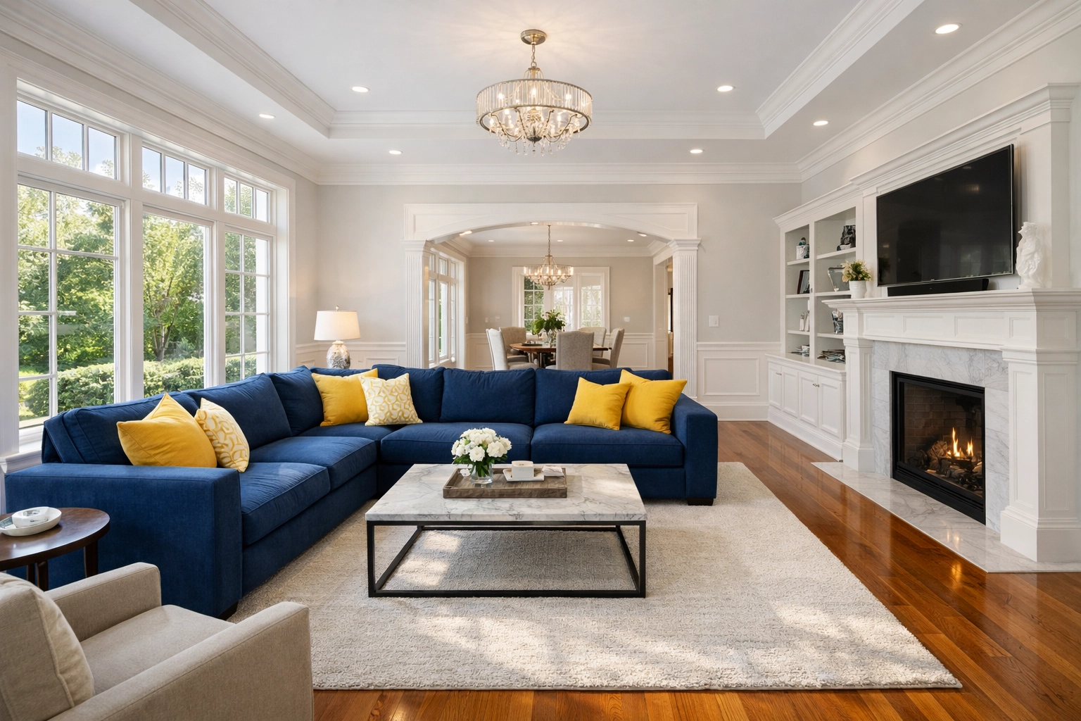 A luxury Southborough home living room kept pristine with weekly or bi weekly house cleaning services.