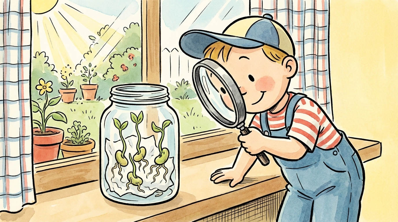 Storybook-style illustration of a child pressing bean seeds into a glass jar for a seed germination experiment