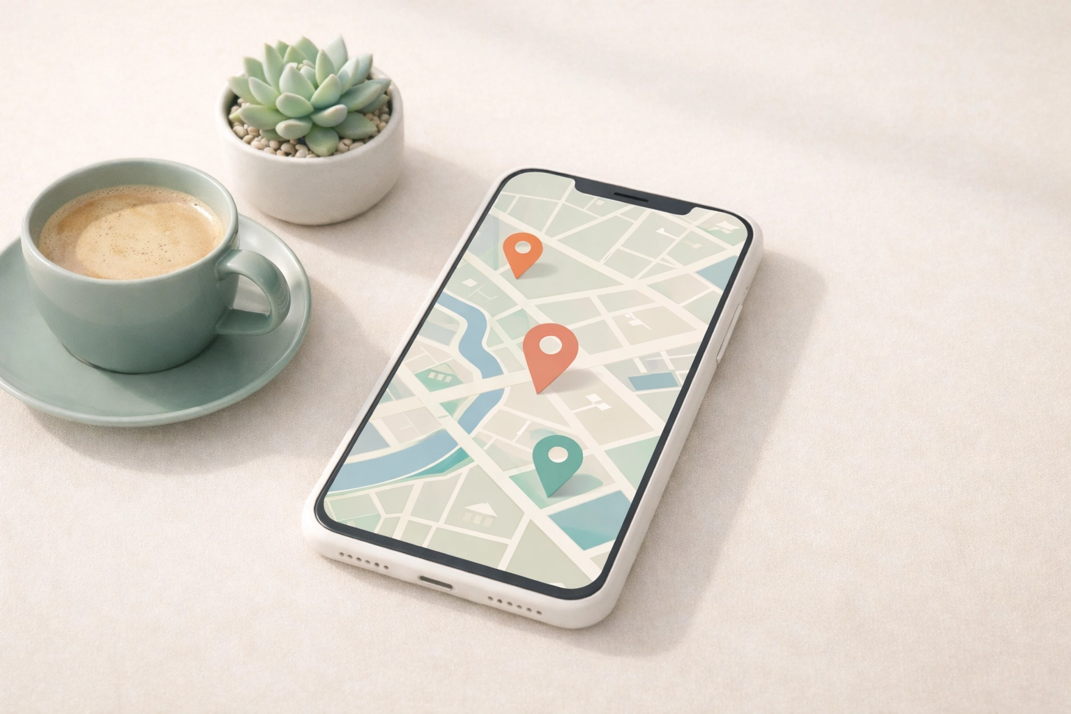 Smartphone displaying local business map with location pins for local SEO searches
