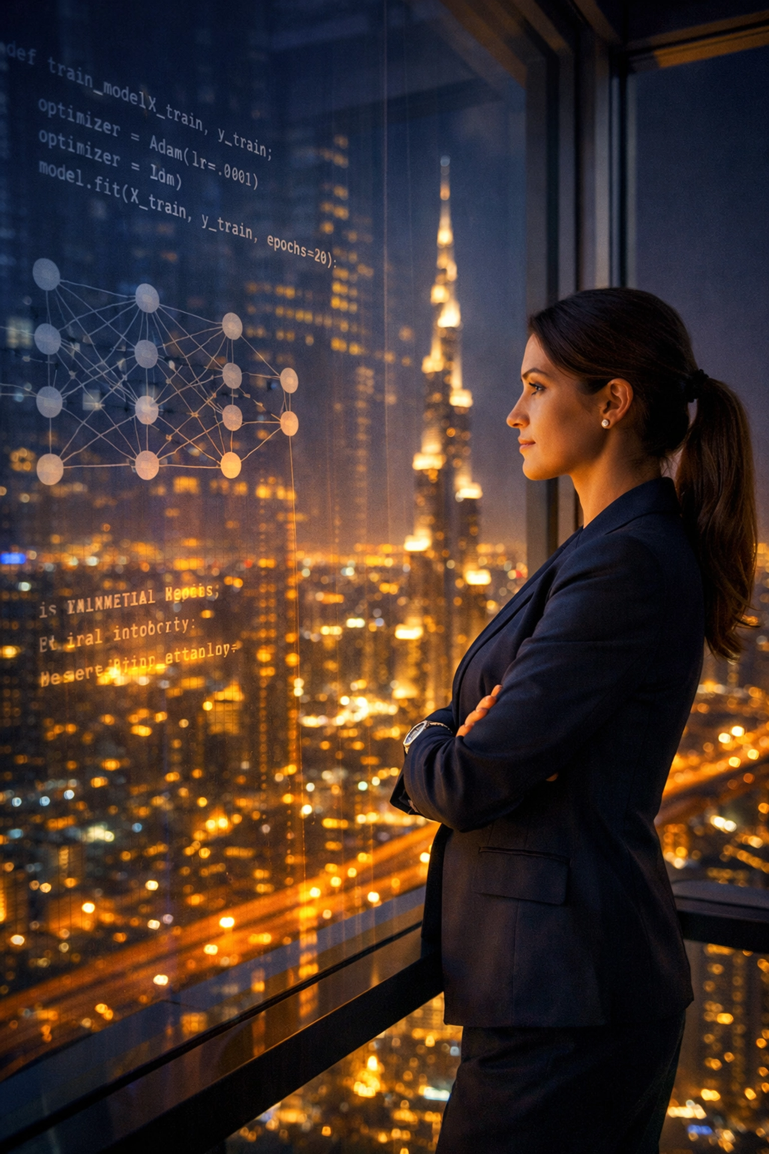 Confident professional in a Dubai high-rise with Python code patterns reflected in the window