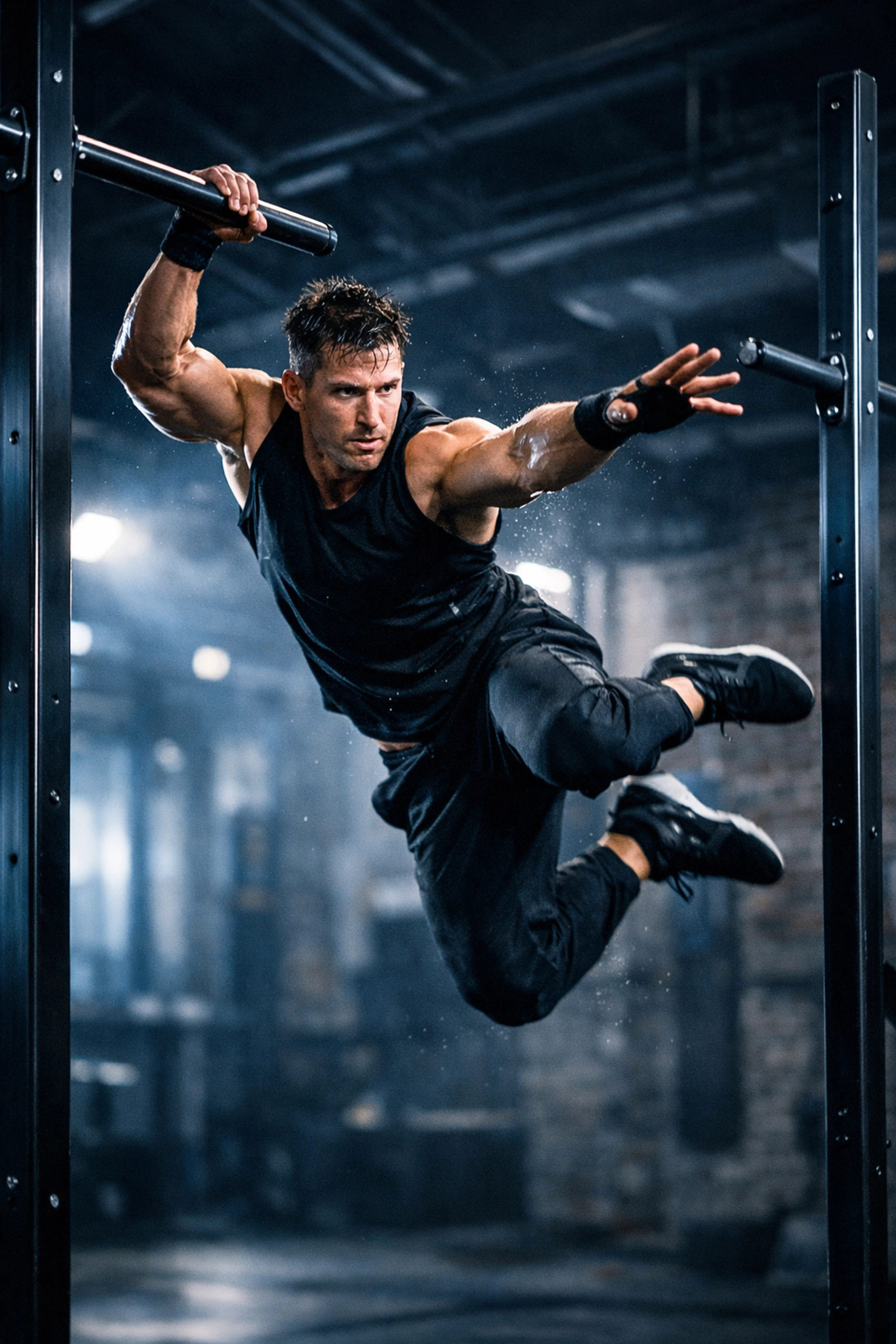 Athlete performing a dynamic lache swing on a vertical home resistance training rail system.