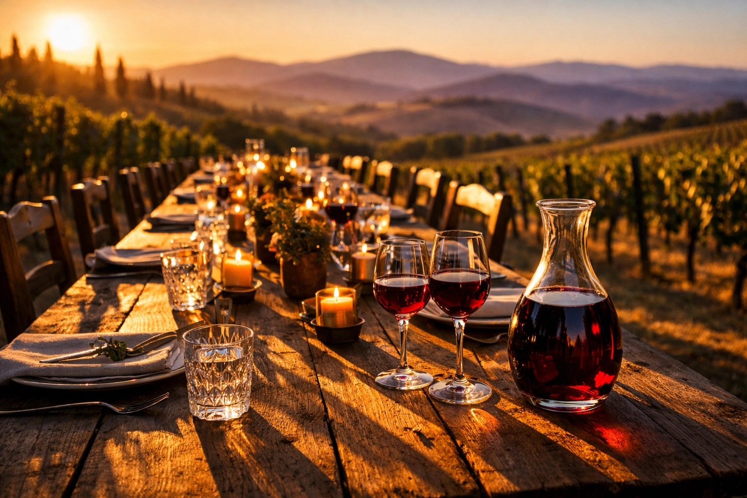 Al fresco dinner in a private Tuscan vineyard at sunset, illustrating personalized luxury vacation design.