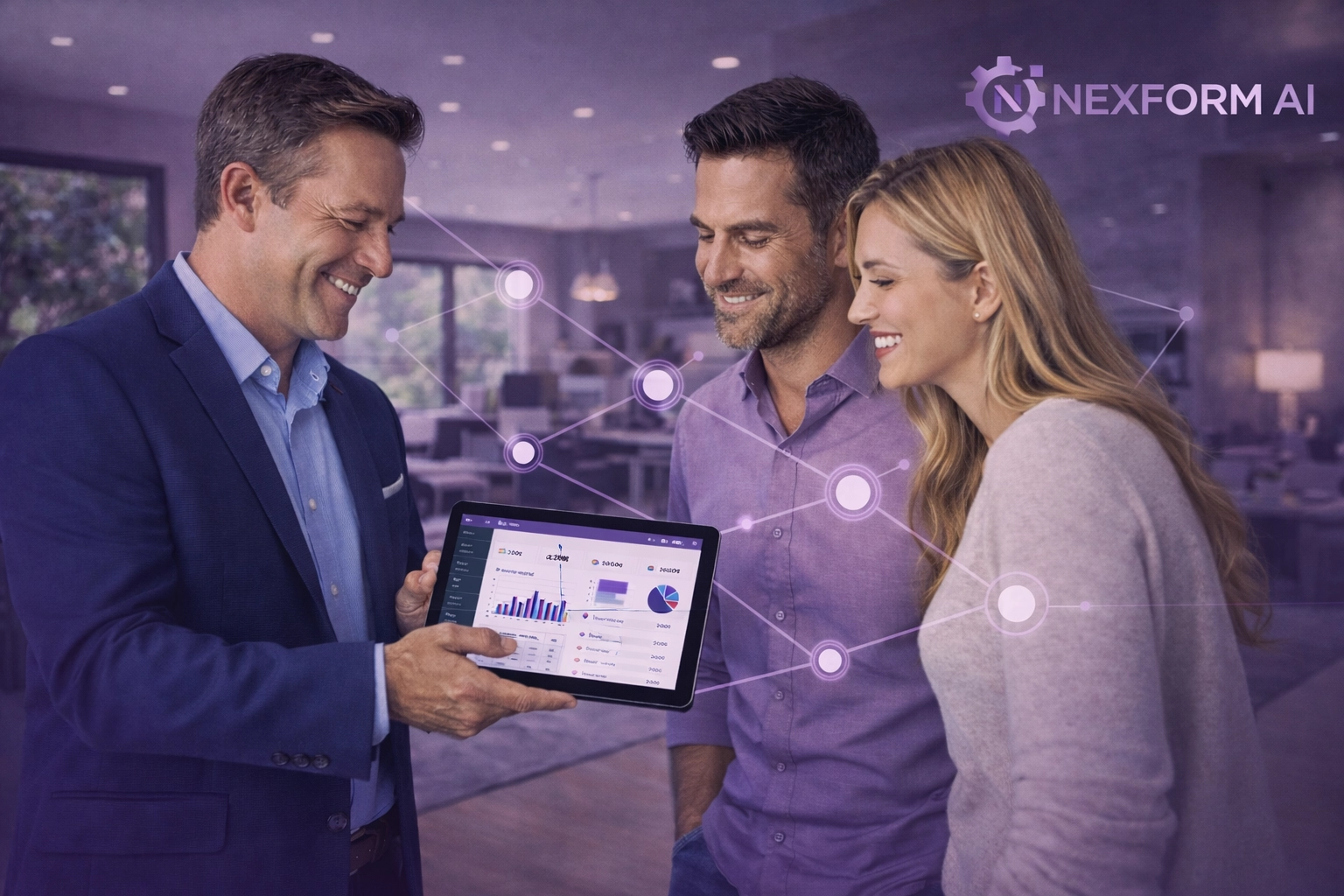 Estate agent using an AI-integrated tablet dashboard for seamless property workflow management in a luxury home.