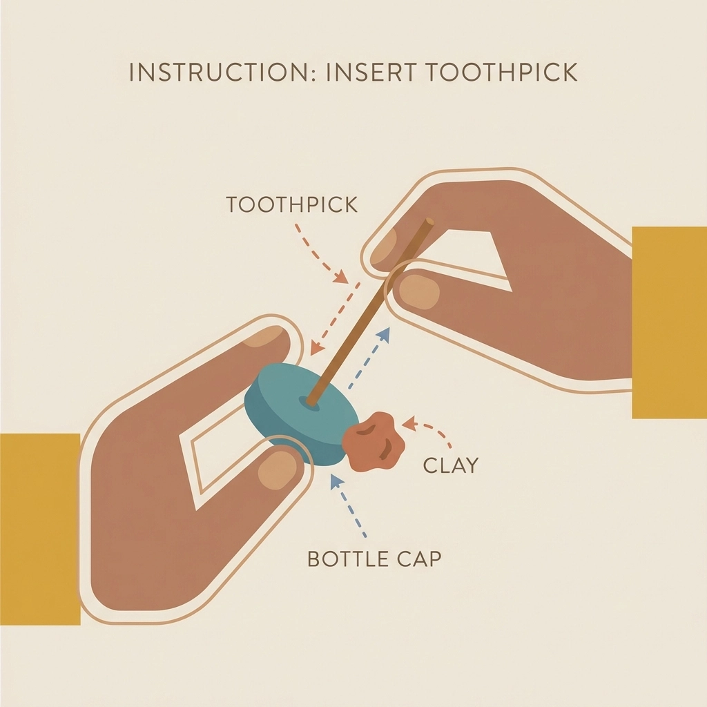 Step-by-step assembly of a bottle cap spinning top, showing hands inserting a toothpick