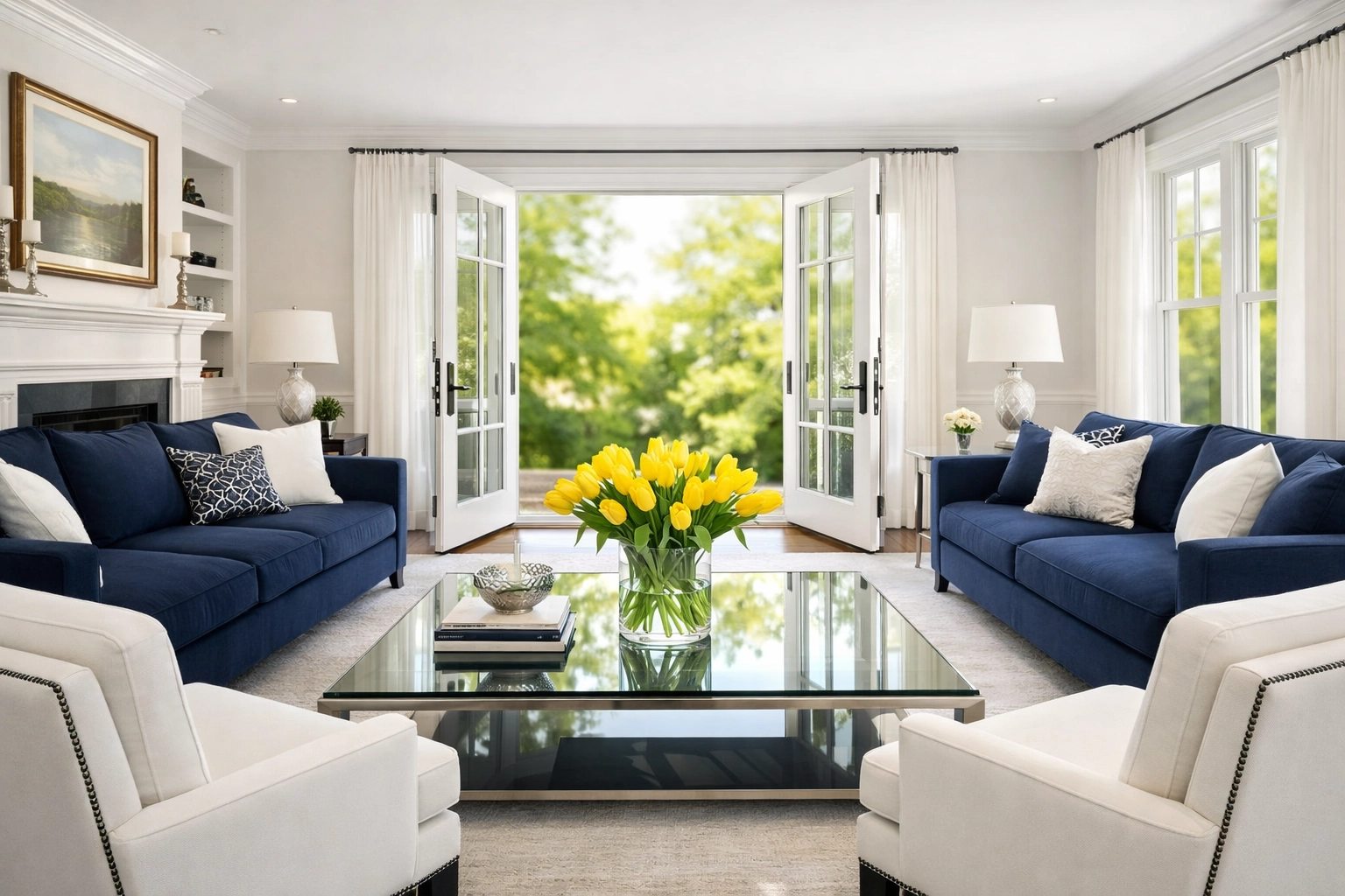 Sun-drenched luxury living room showing the results of professional residential cleaning MA for spring.