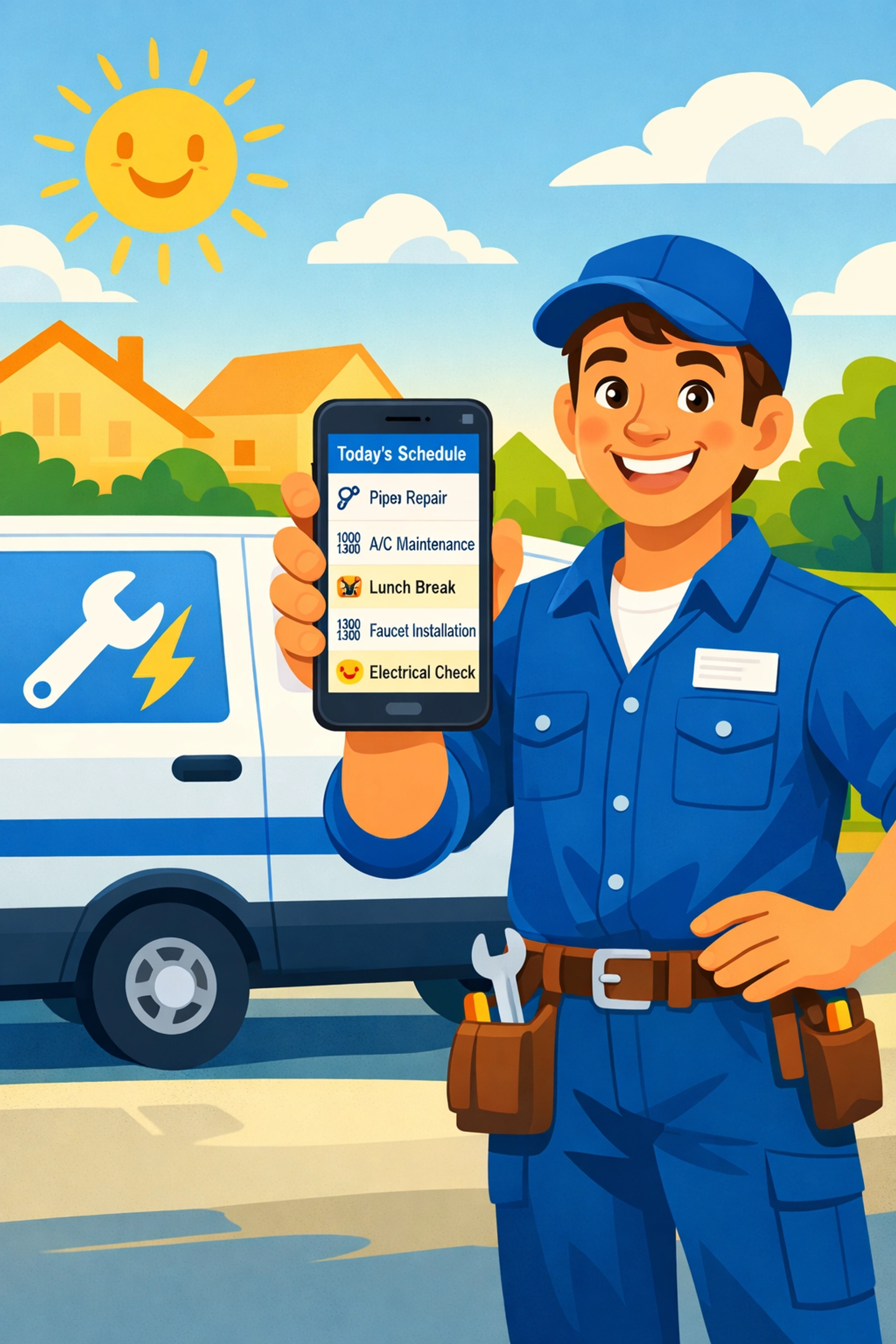 Confident appliance repair technician checking daily job schedule on mobile app beside service van