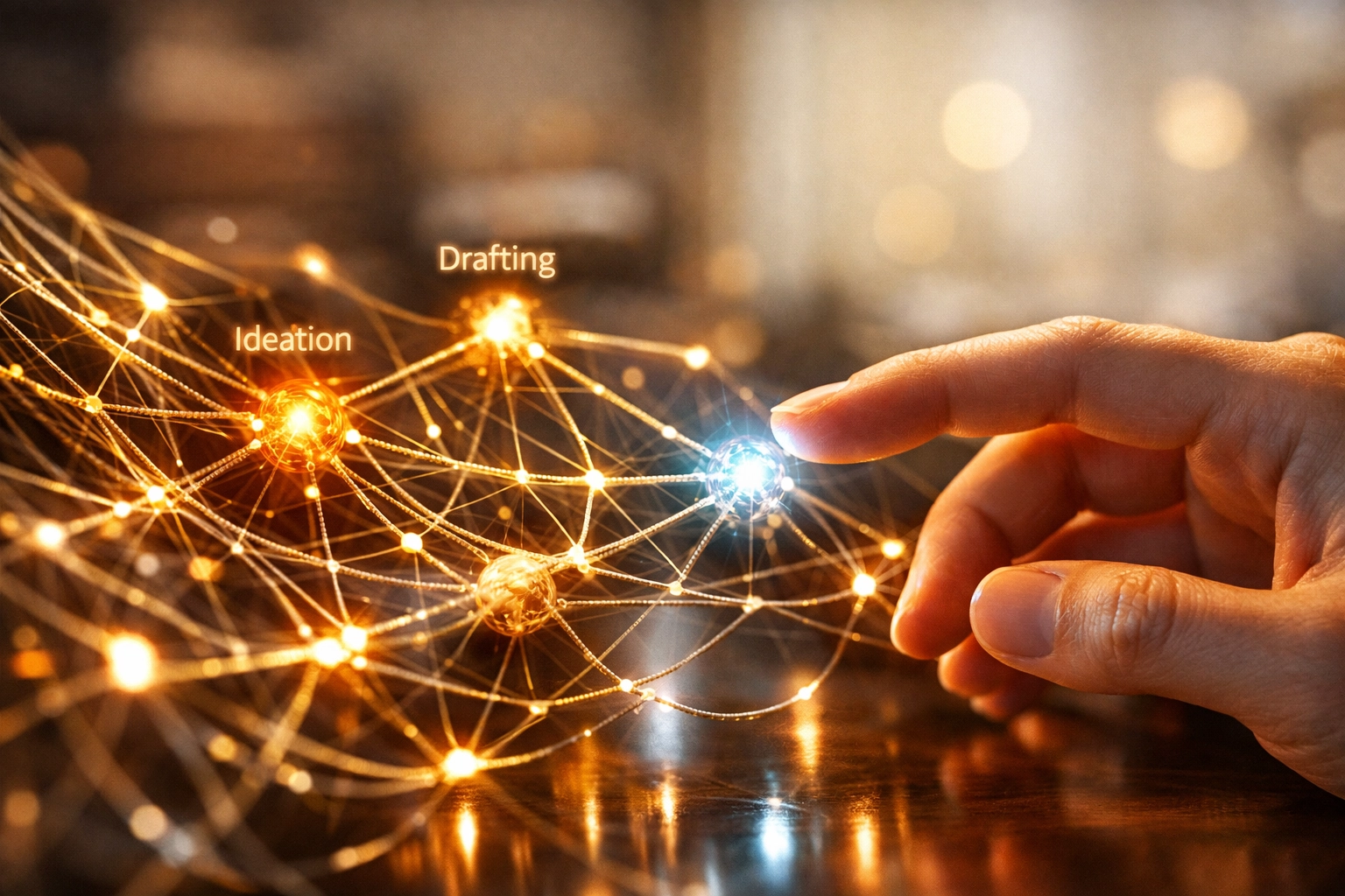 A human hand interacting with a glowing digital network, symbolizing the collaboration between creators and AI tools.