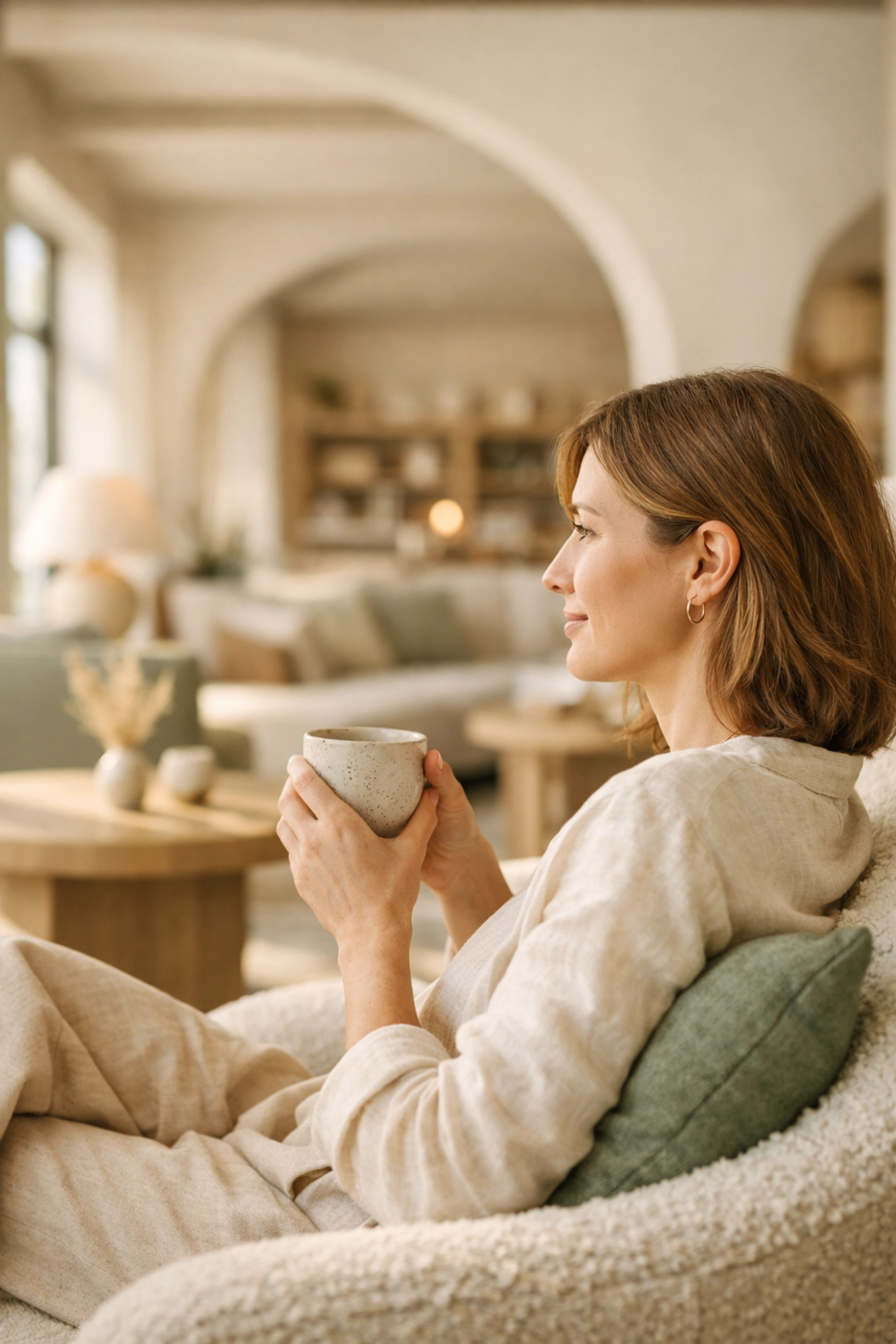 Relaxed hotel guest enjoying a personalized stay in a modern, sun-drenched lounge.