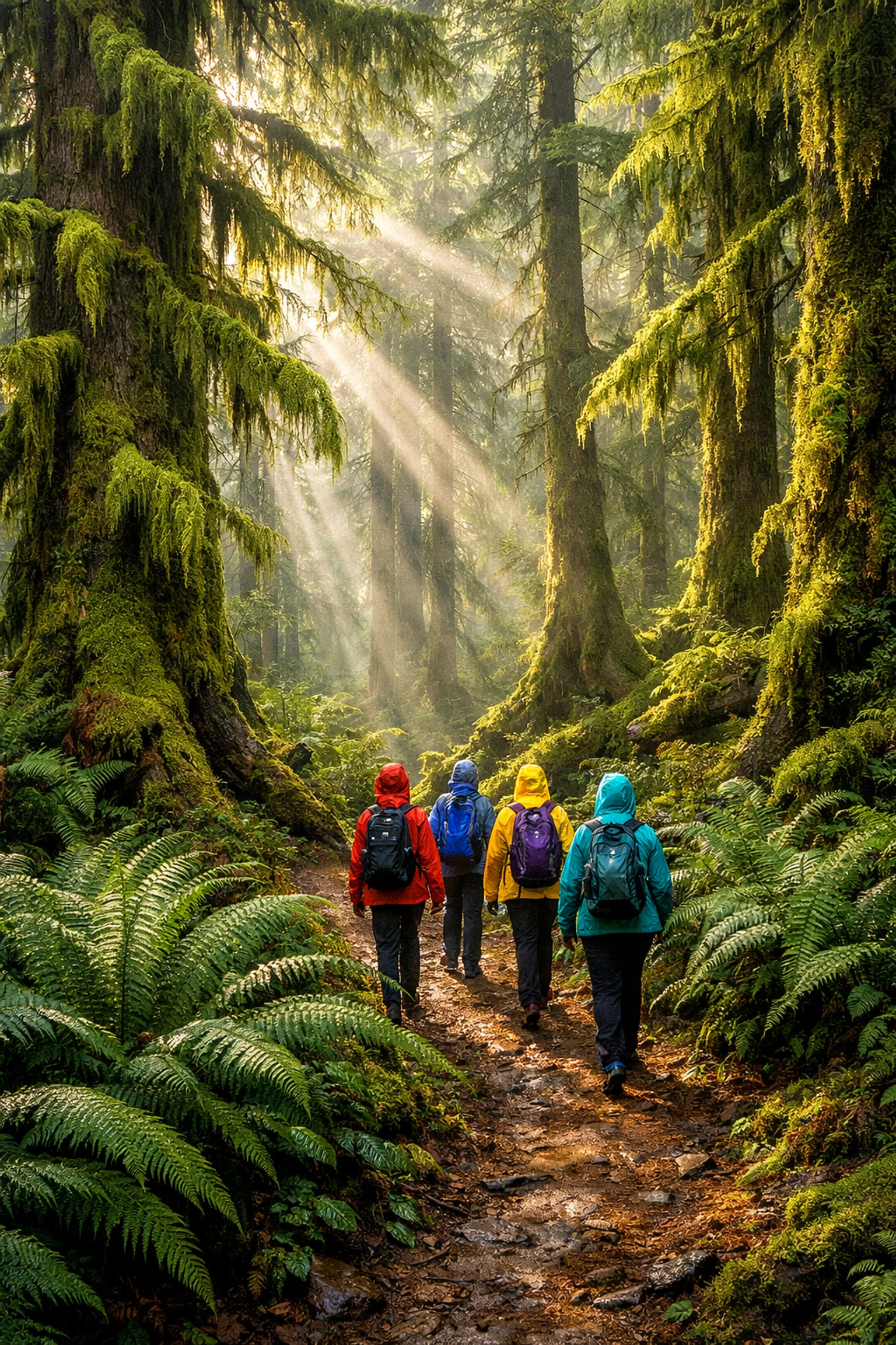 Students hiking through the mossy Sitka spruce trees of the Olympic National Forest rainforest.