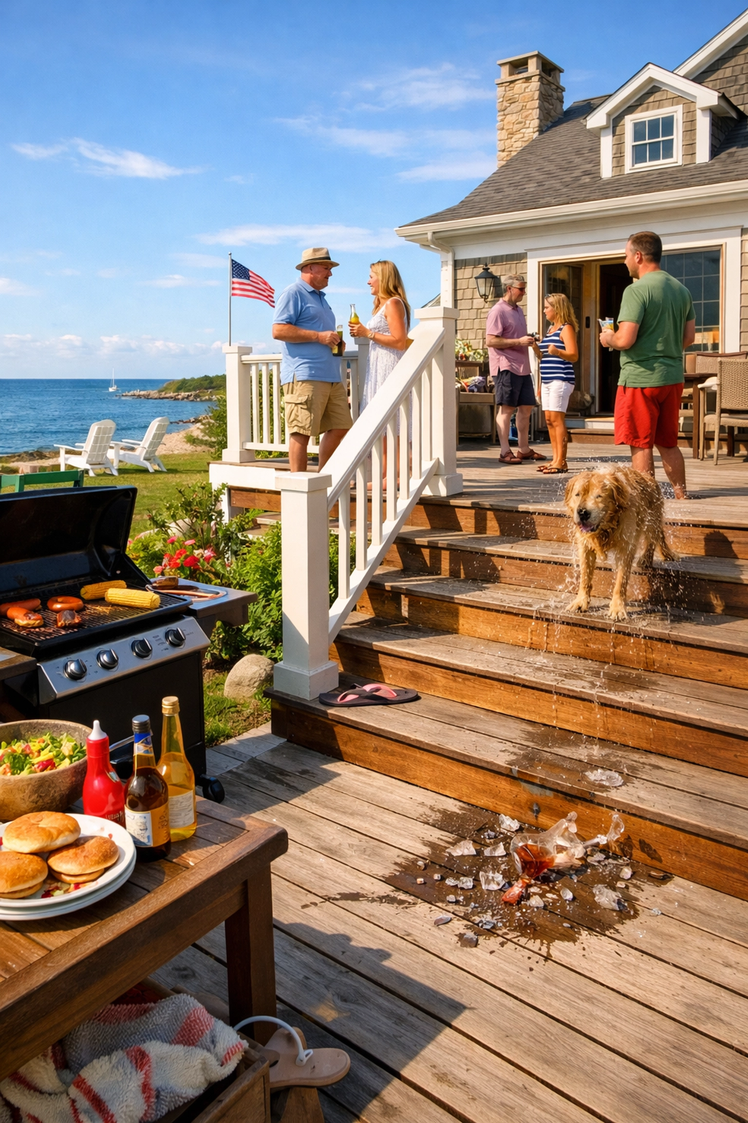 Cape Cod waterfront home deck with guests at summer barbecue showing liability exposure scenarios