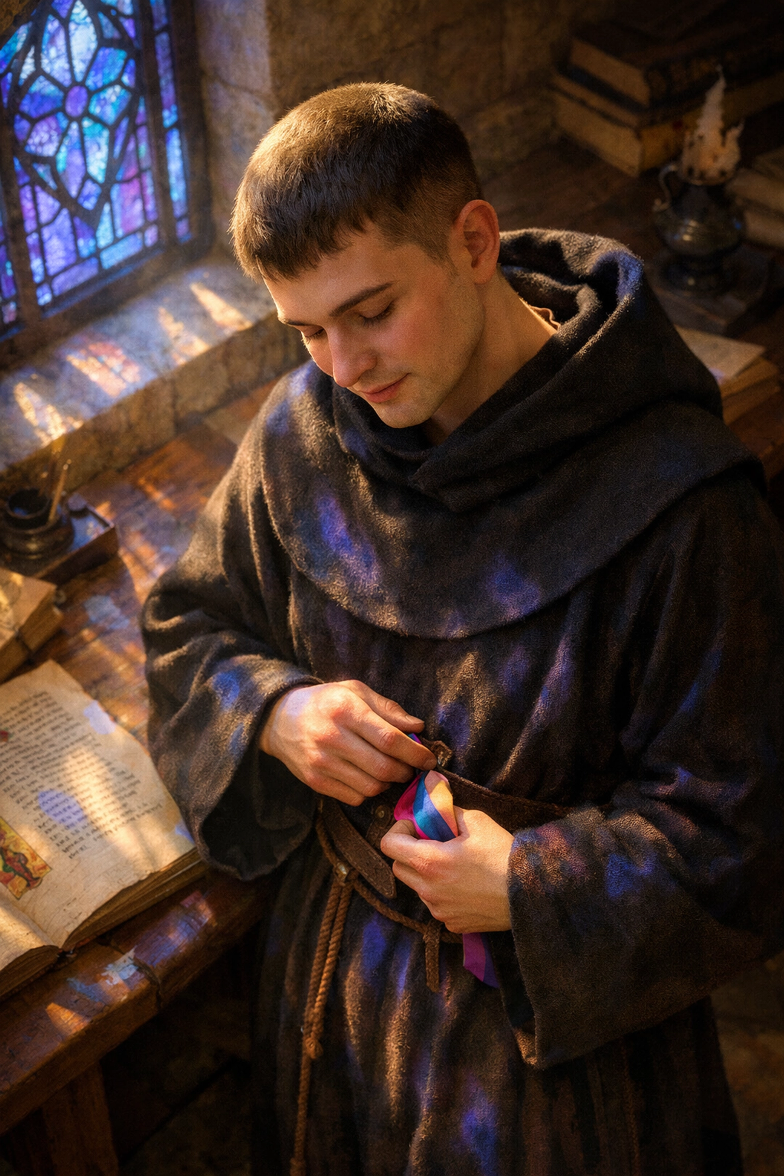 A medieval monk in a scriptorium holding a ribbon from his mother, illustrating their deep emotional connection.
