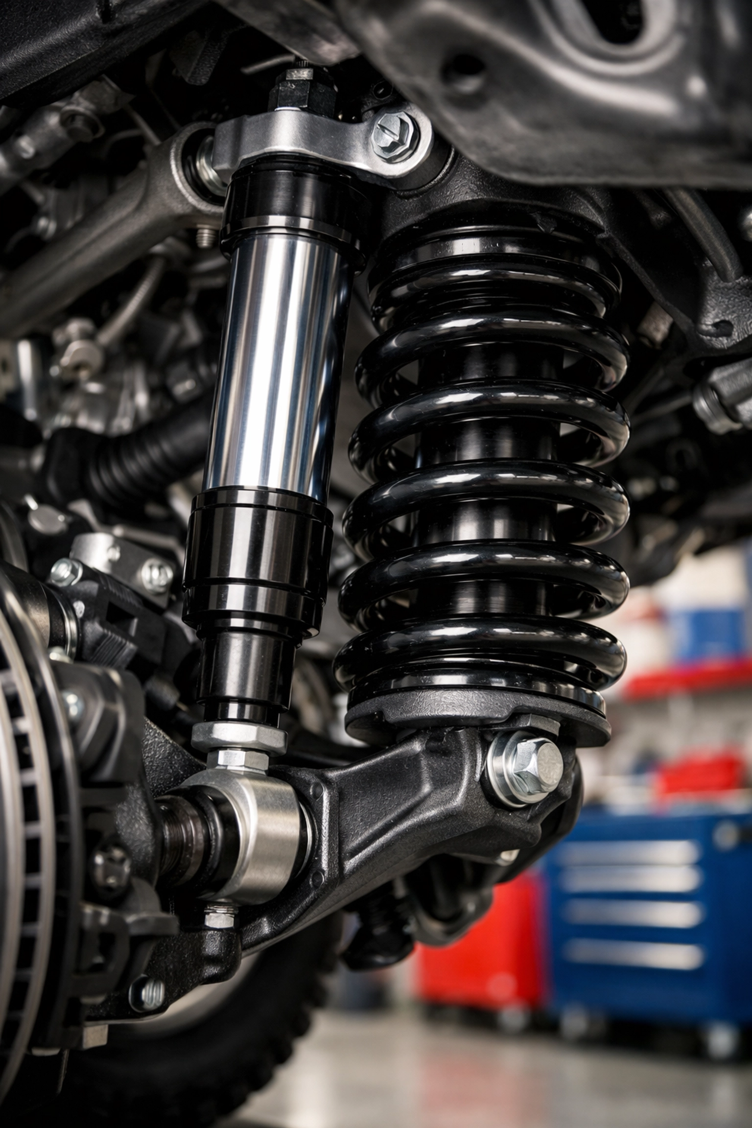 A car suspension system with shock absorbers being inspected for road safety.