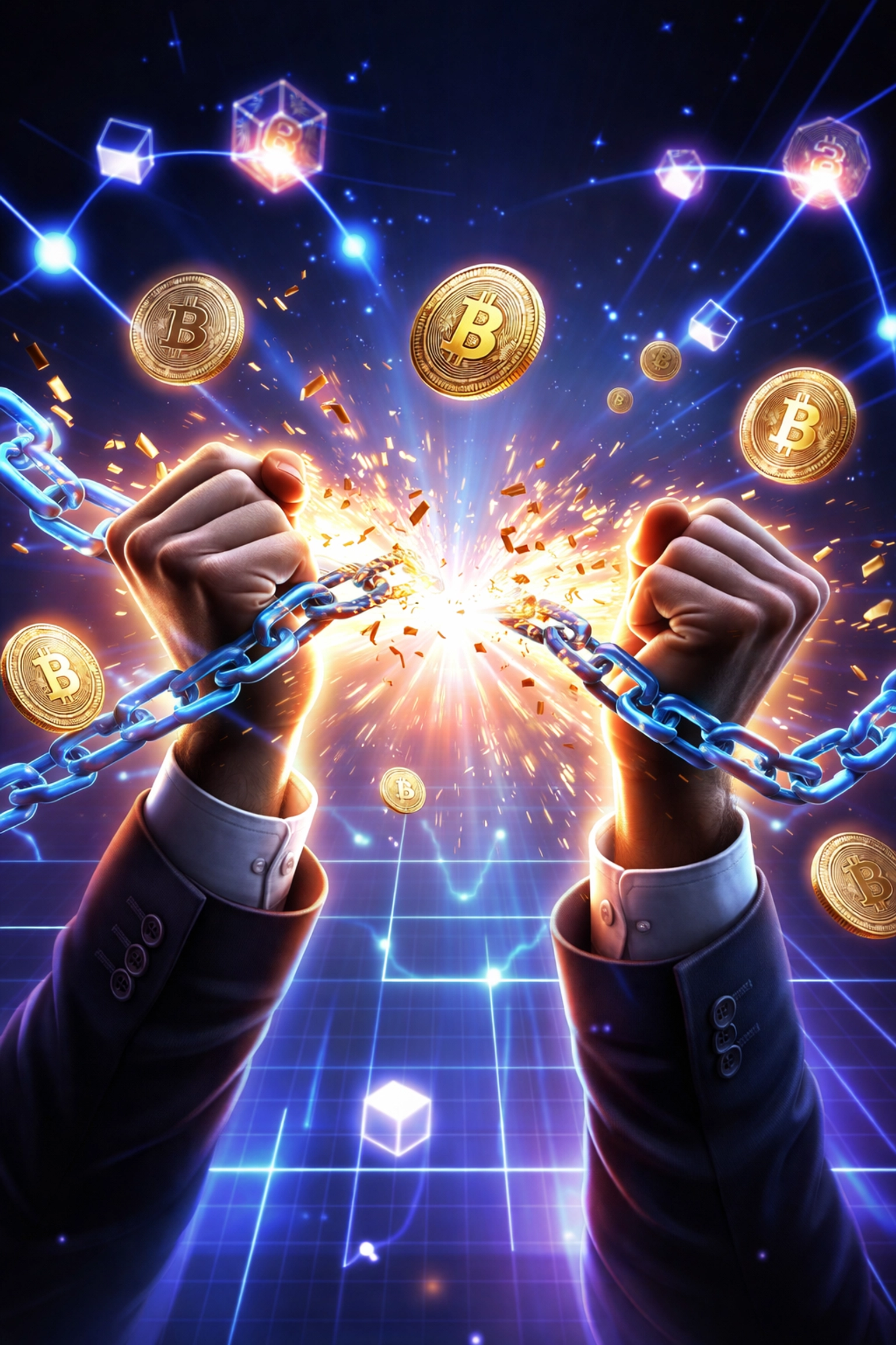 Merchant breaking free from digital chains, symbolizing self-custody and crypto payment freedom for businesses in 2026.