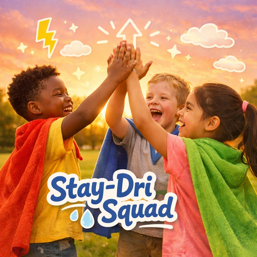 A multi-ethnic group of children wearing superhero capes, high-fiving in a park, representing the "Stay-Dri Squad" community and their collective success.