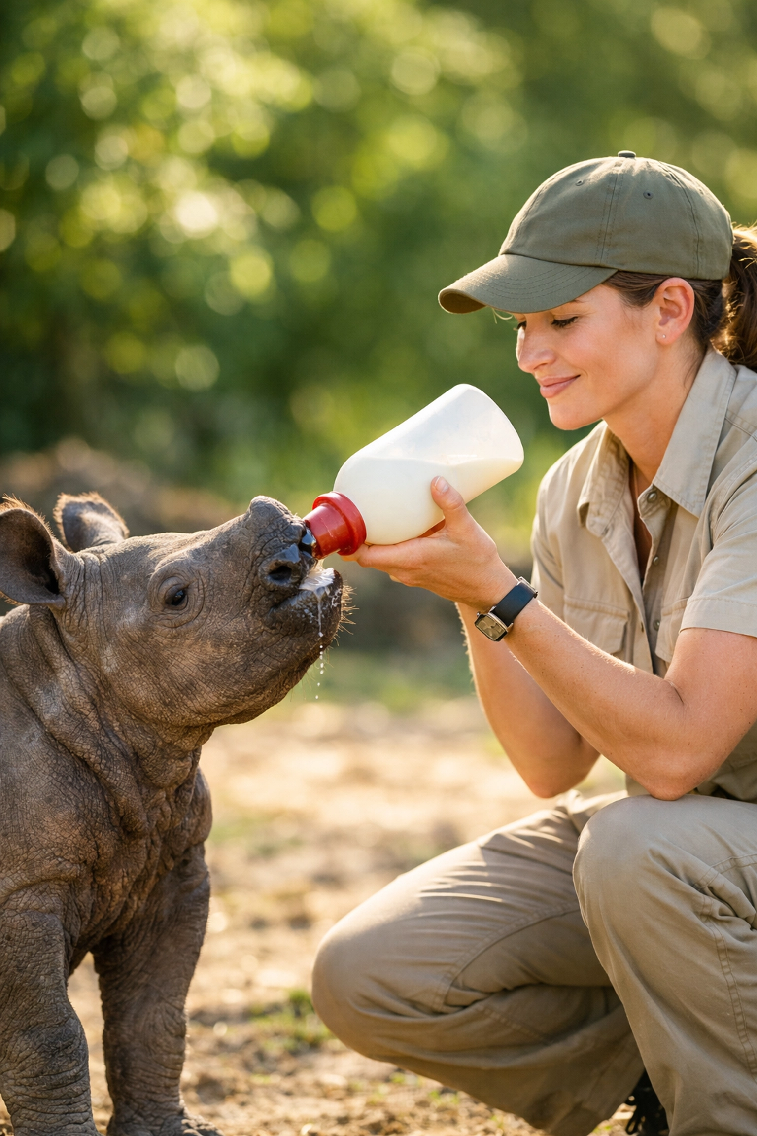 Zookeeper bottle-feeding a baby rhino, highlighting emotional brand storytelling and wildlife care services.