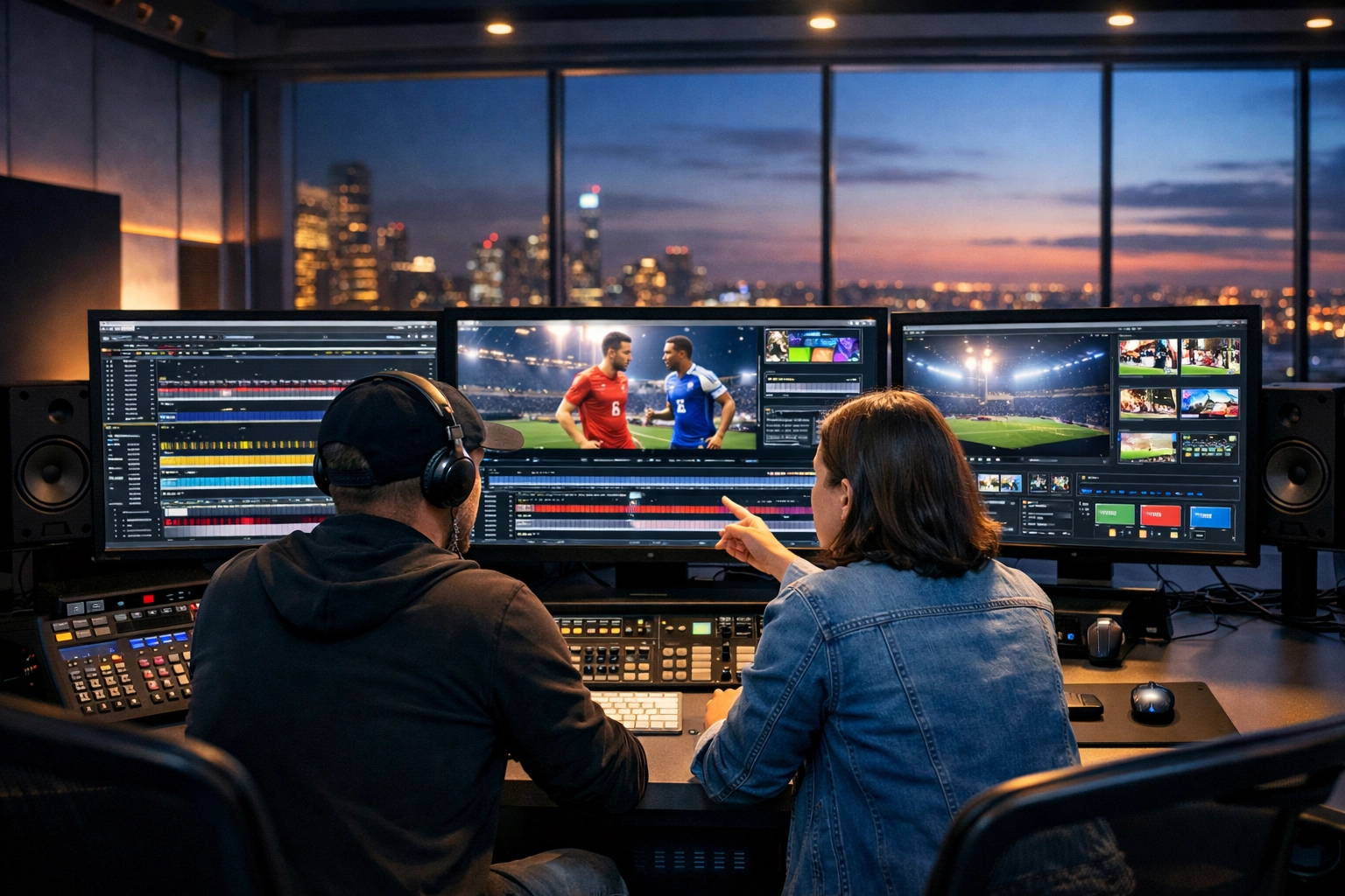 Media production team collaborating on sports video editing in a high-tech Dakdan Worldwide studio.