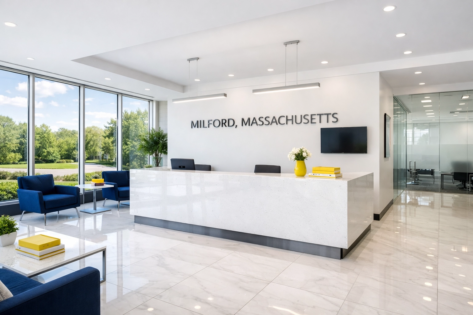 Professionally cleaned office reception in Milford, Massachusetts, featuring spotless white marble floors.