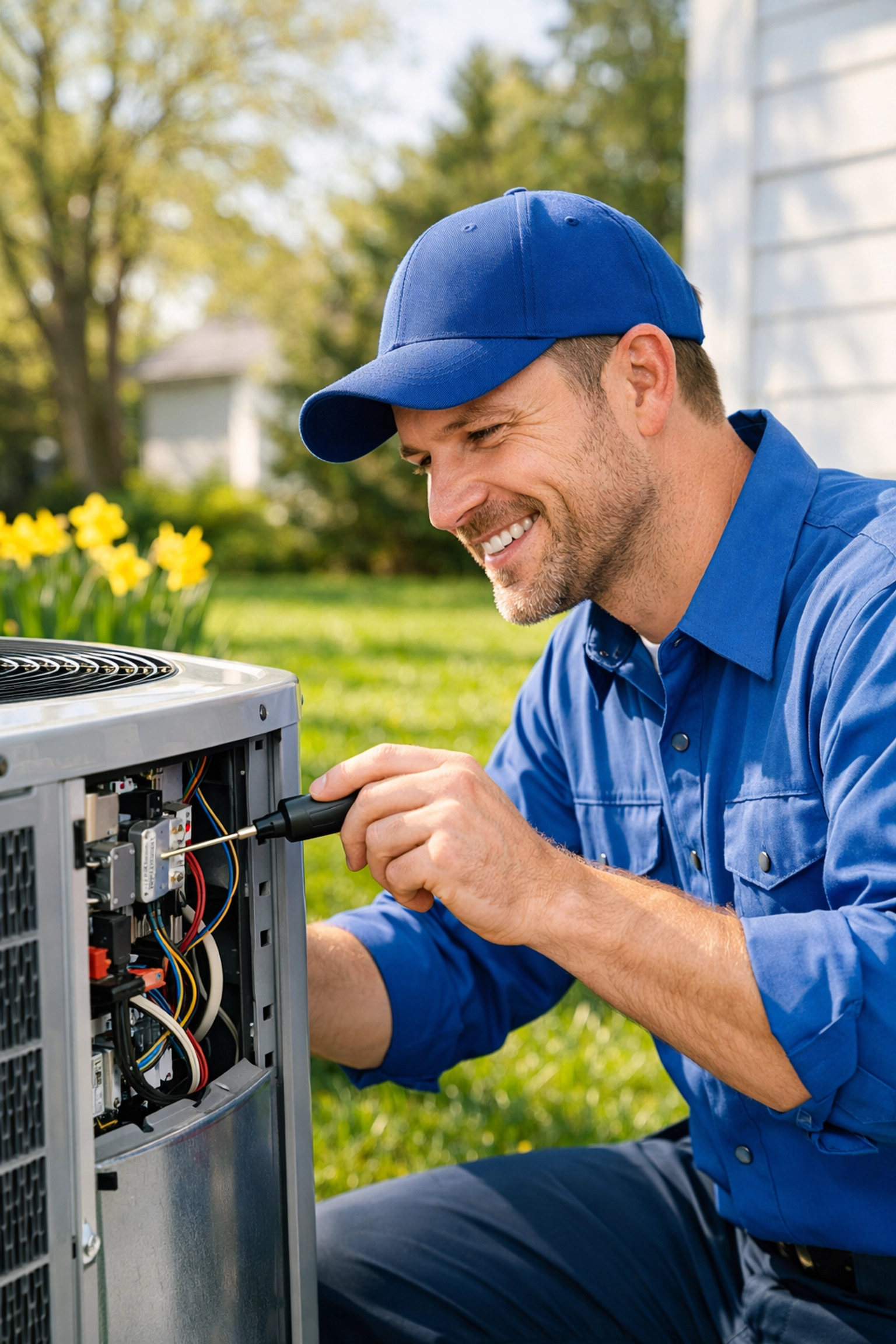 Professional HVAC technician performing an AC tune up on an outdoor unit during a sunny spring day.