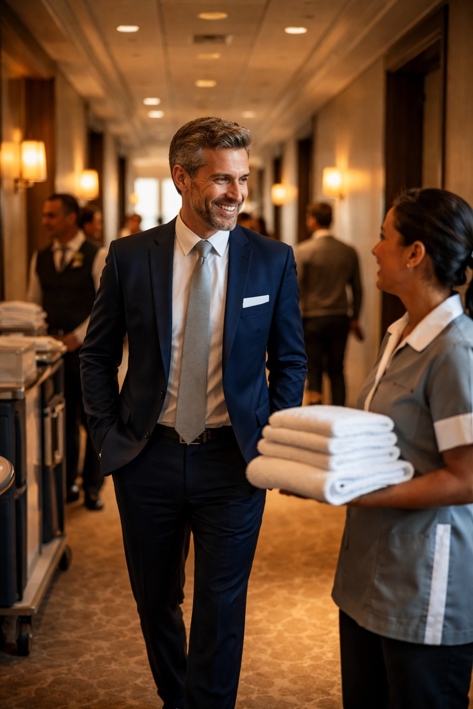 Hospitality leader warmly greets a housekeeper in a hotel hallway, highlighting real leadership and everyday engagement.