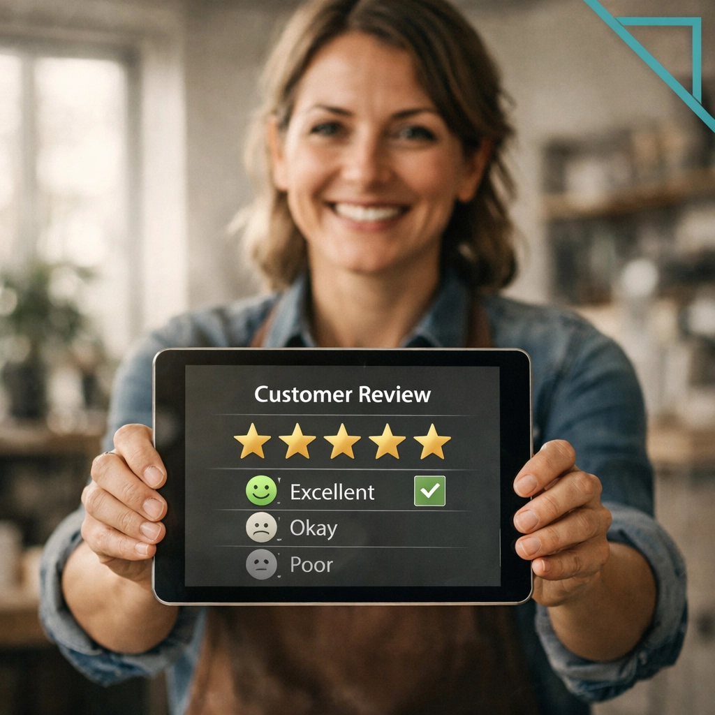 Small business owner reviewing customer feedback on Google Business Profile