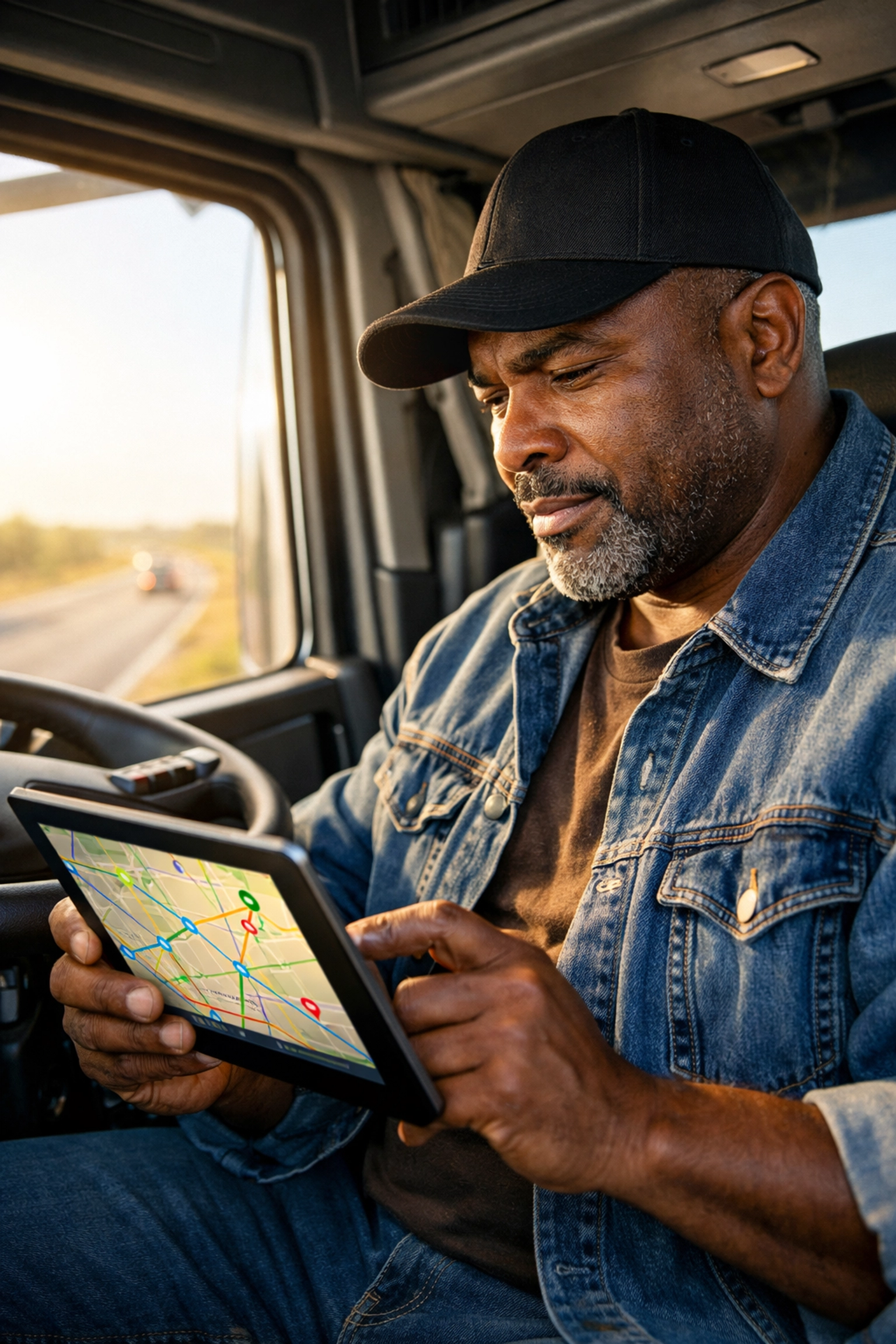 African American owner-operator using a tablet for strategic load planning and route optimization in a semi-truck.