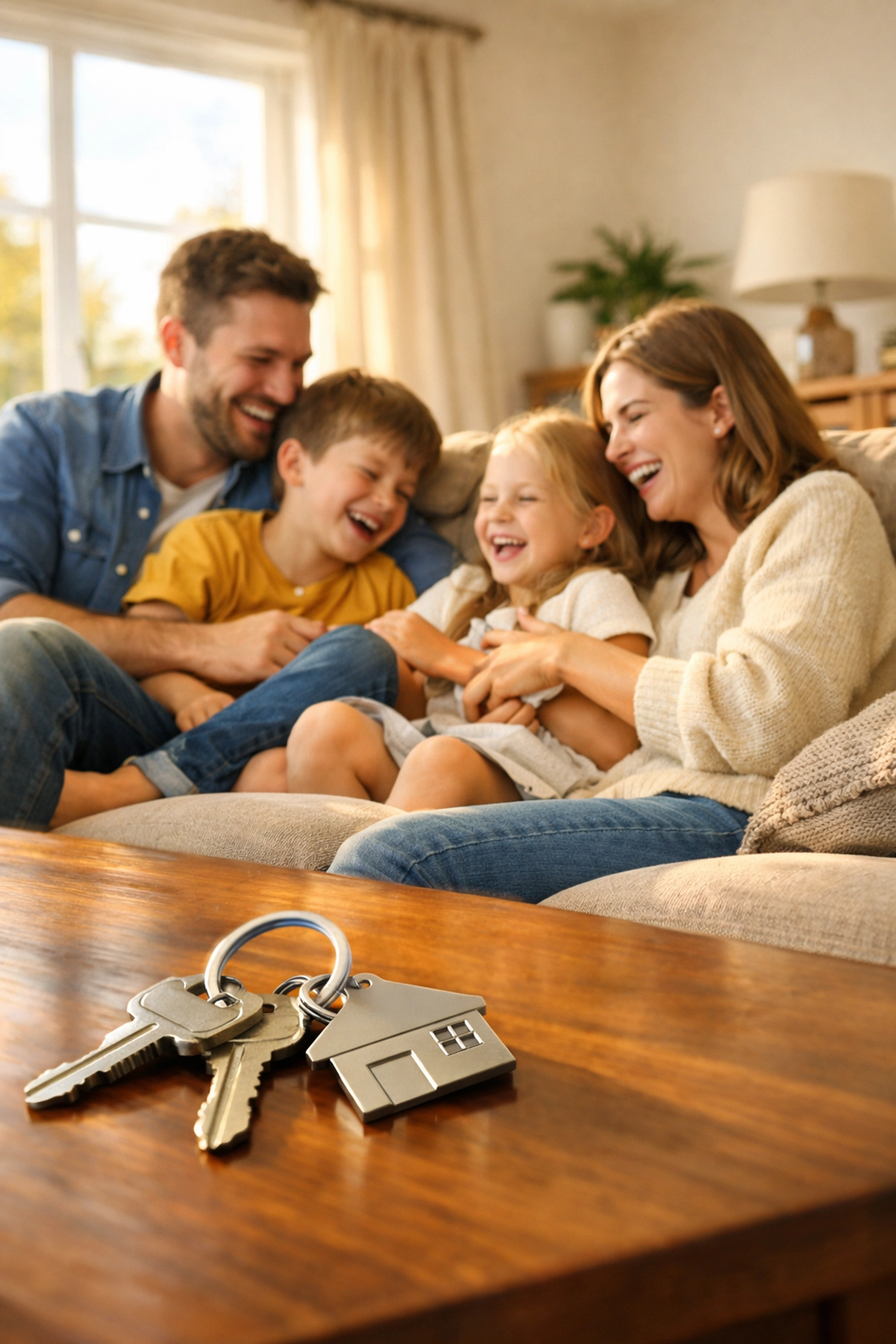 Happy UK family in their home with house keys on the table, secured by mortgage life insurance.