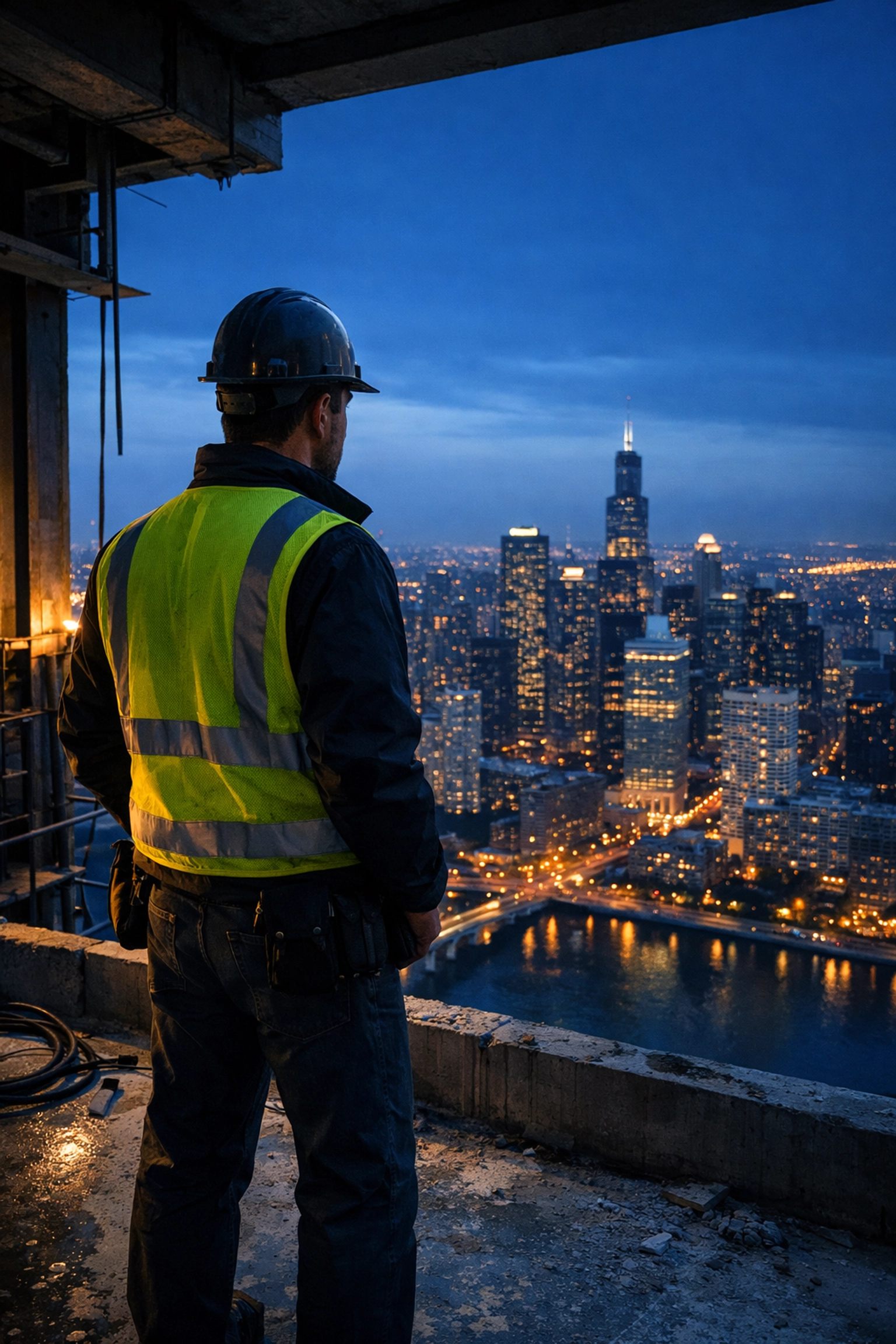 Construction foreman overlooking city skyline, representing high-stakes project management and cash flow risks.