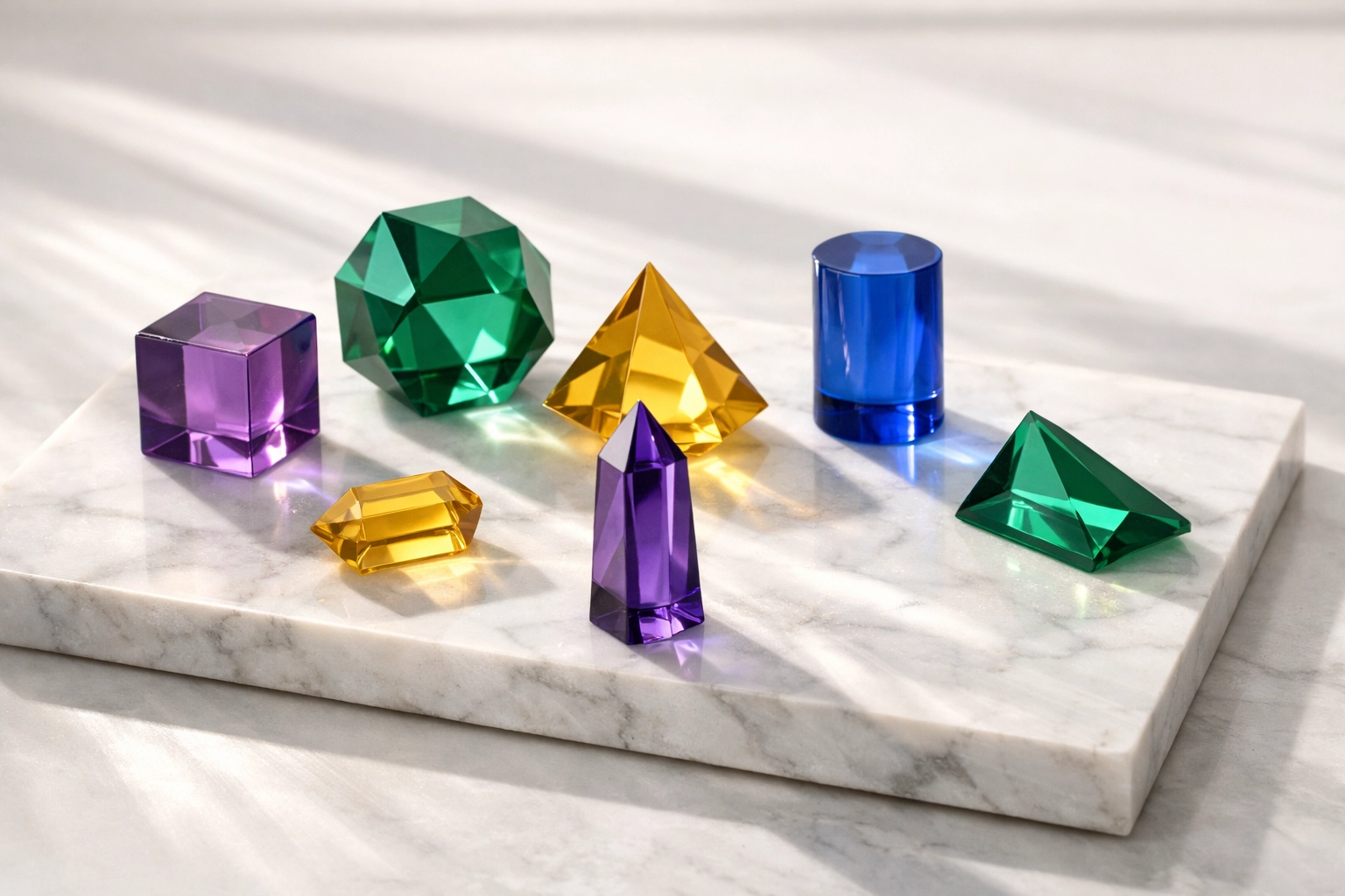 Seven colorful geometric prisms representing the different specialized forms of magnesium supplements.