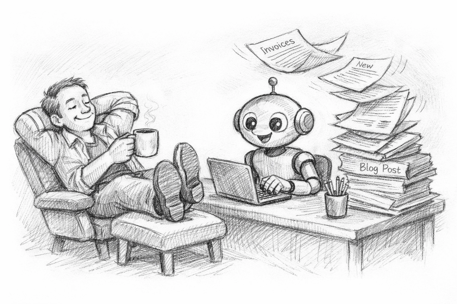 Service business owner relaxing while AI assistant creates blog content automatically