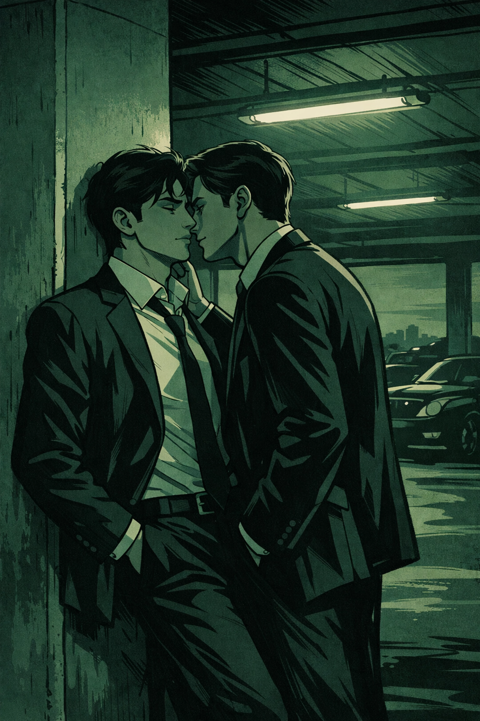 Two men in business suits share a stolen intimate moment in a parking garage in MM romance illustration