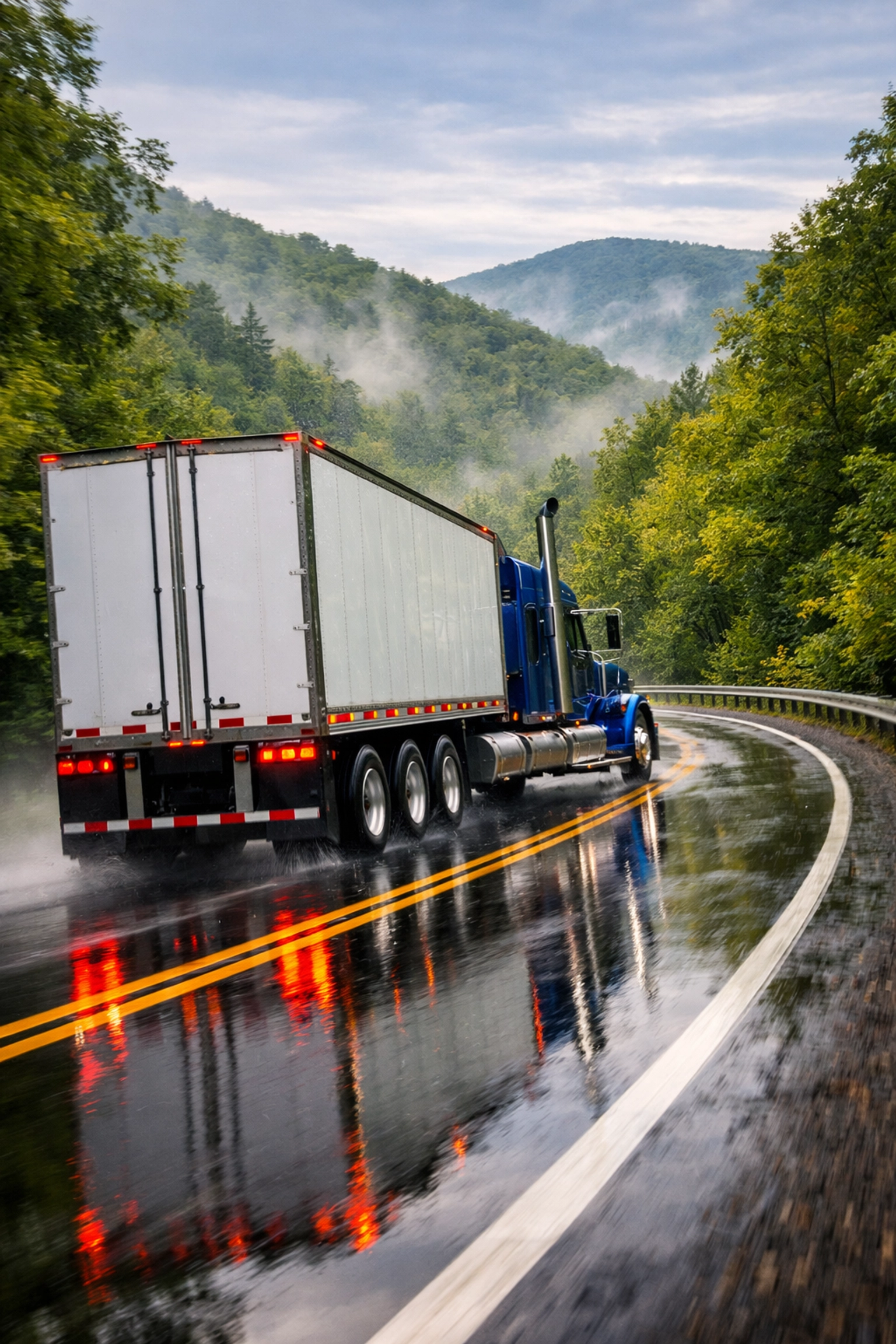 A heavy duty truck hauling a trailer safely and straight on a scenic West Virginia mountain road.