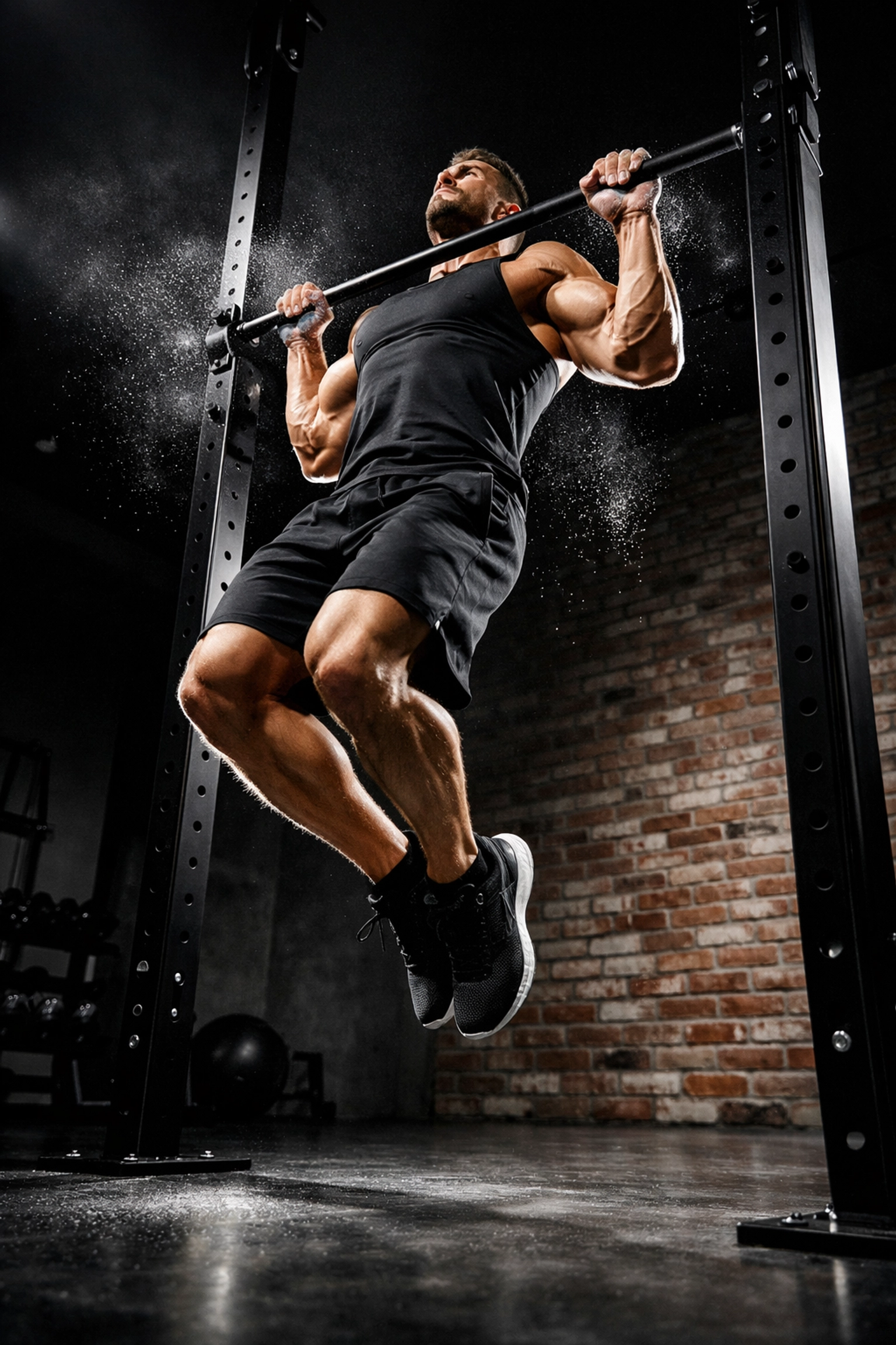 Pull-up exercise on floor-to-ceiling gym rail showing proper form for home workout