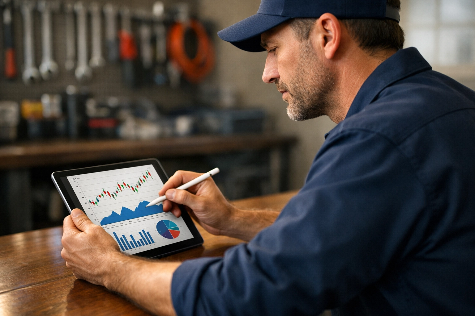 HVAC contractor reviewing digital financial records on a tablet to prepare for 2026 tax changes.