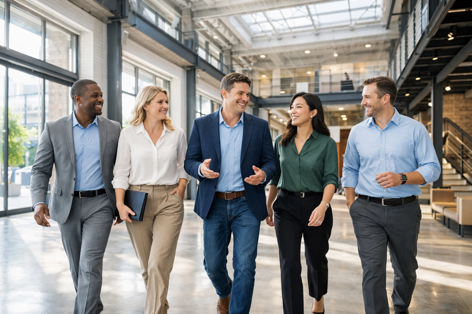 A diverse professional team walking with purpose, representing business momentum and scaling opportunities.