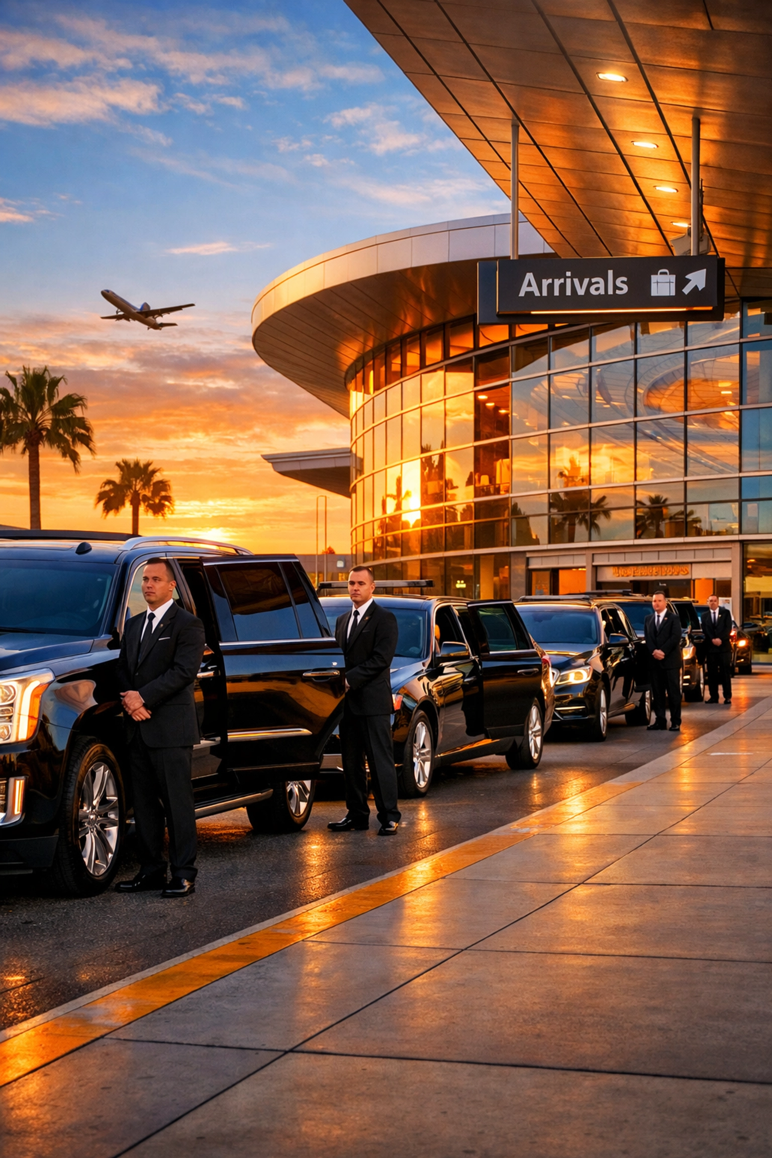 Executive vehicles lined up at airport terminal for pre-booked airport transfers UK