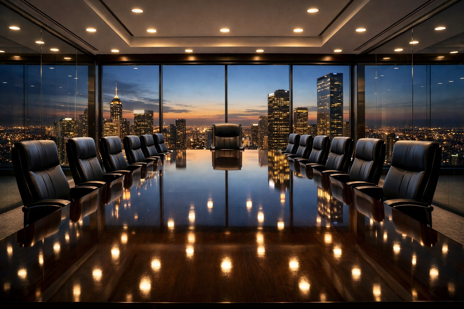 Spotless executive boardroom in a downtown skyscraper showing high-end commercial cleaning.
