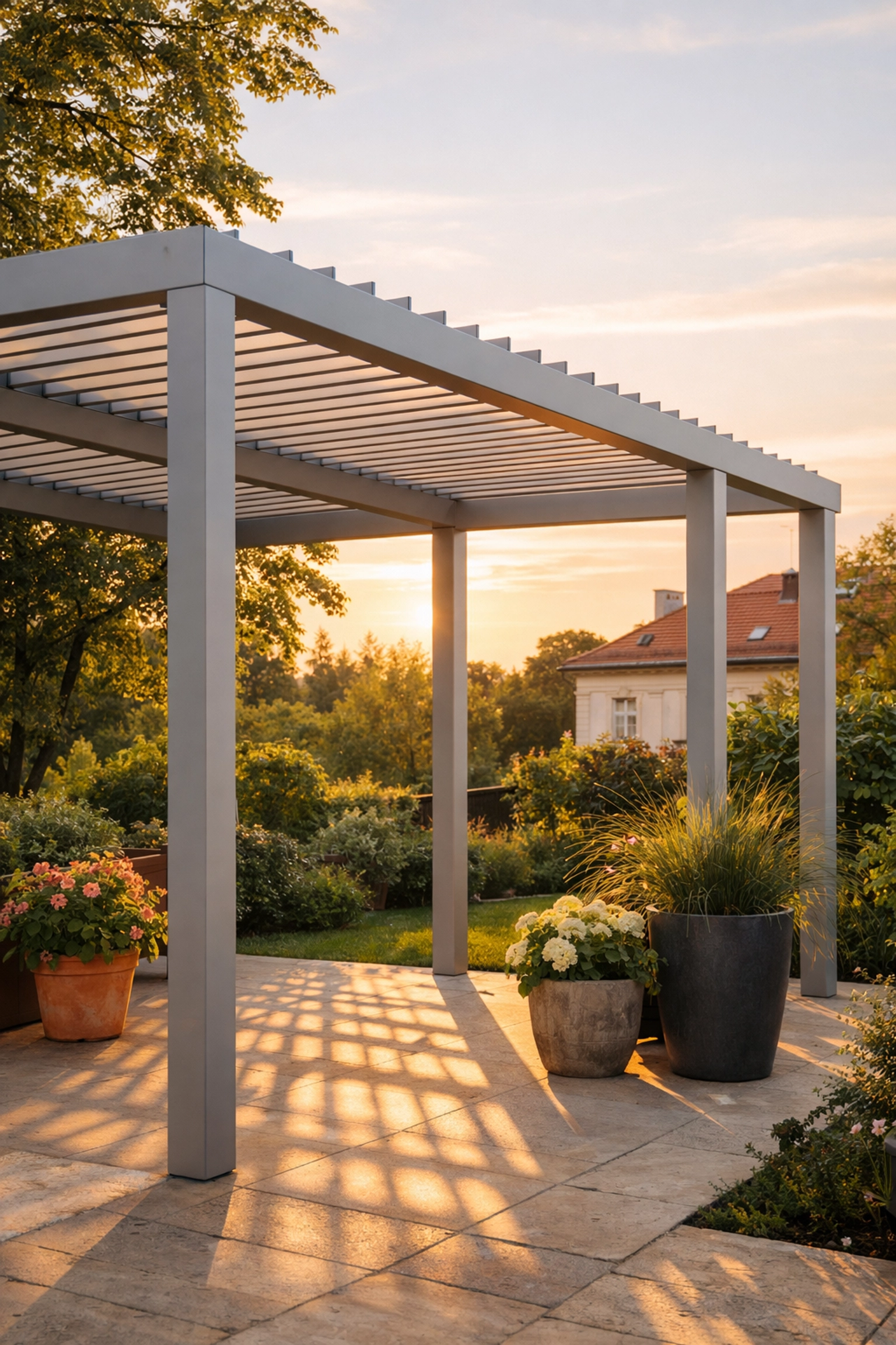 Elegante Pergola Wien aus Aluminium im Garten mit natürlicher Beschattung