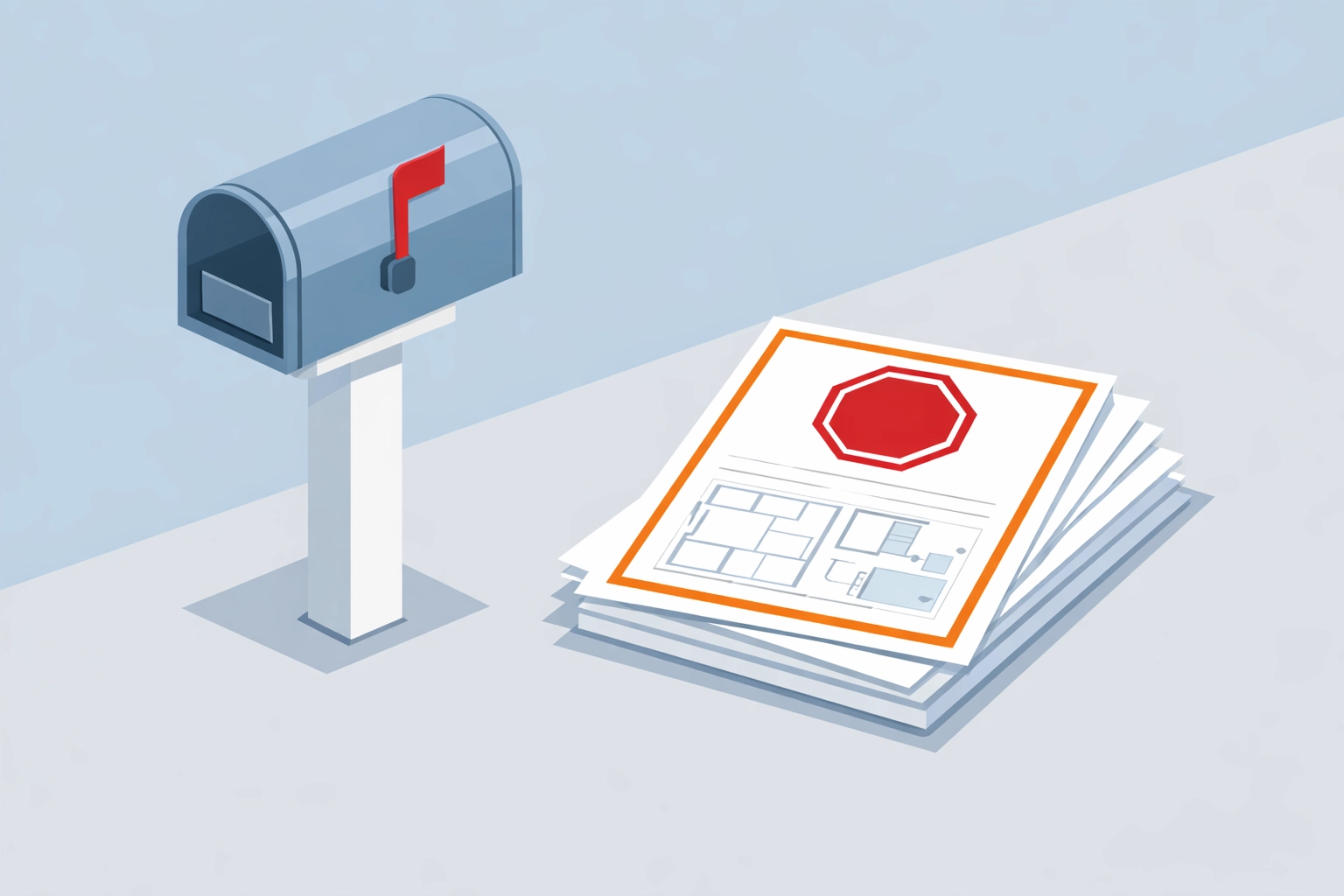 A stack of official building department documents including a code enforcement notice and violation warning.