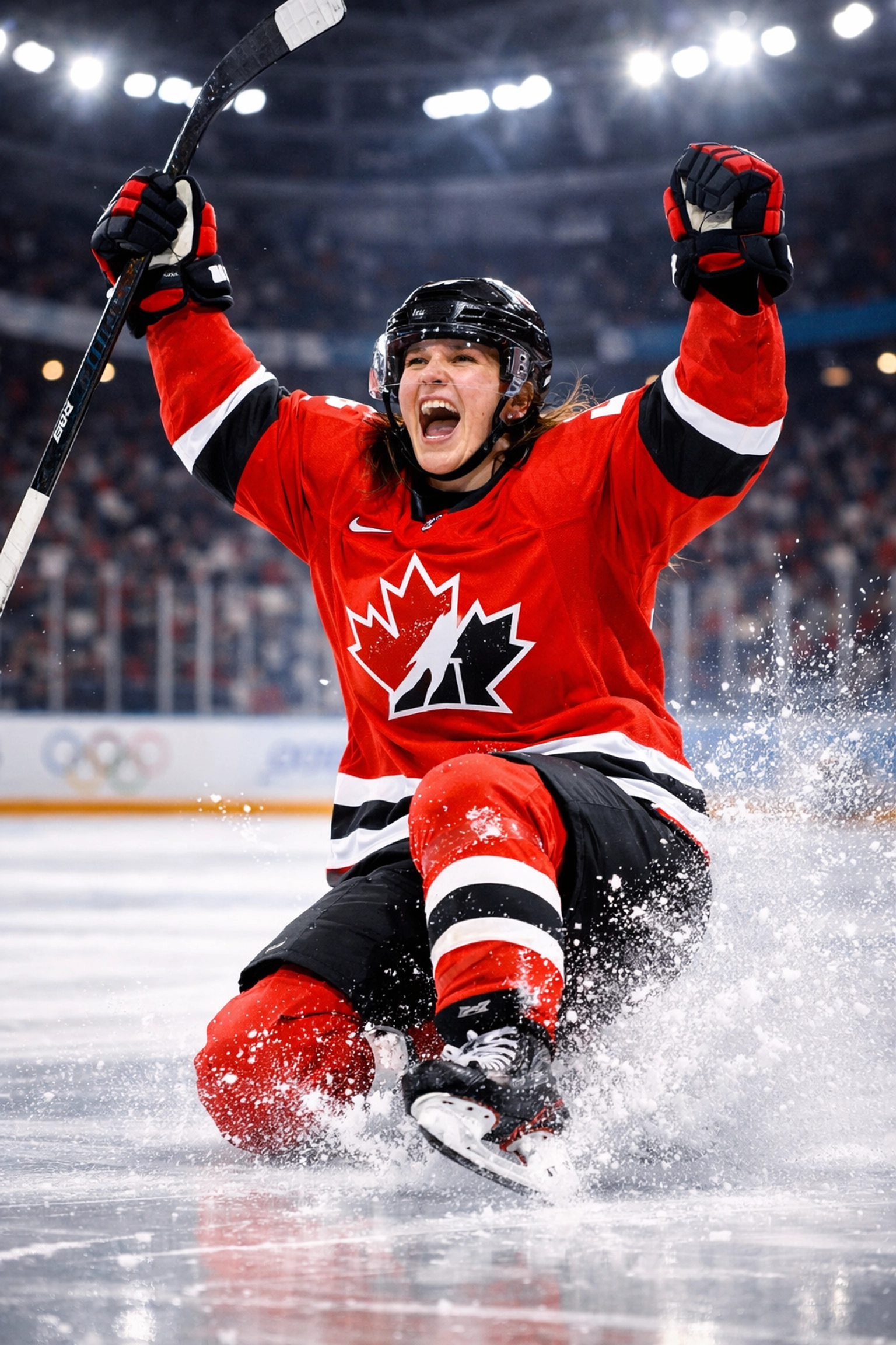 Marie-Philip Poulin celebrating record-tying 18th Olympic goal for Team Canada