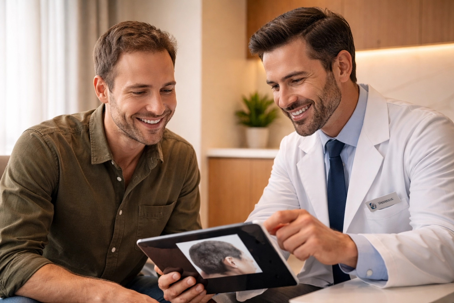 Male patient and friendly doctor discussing personalized hair restoration treatment plan during a consultation in a welcoming wellness clinic.
