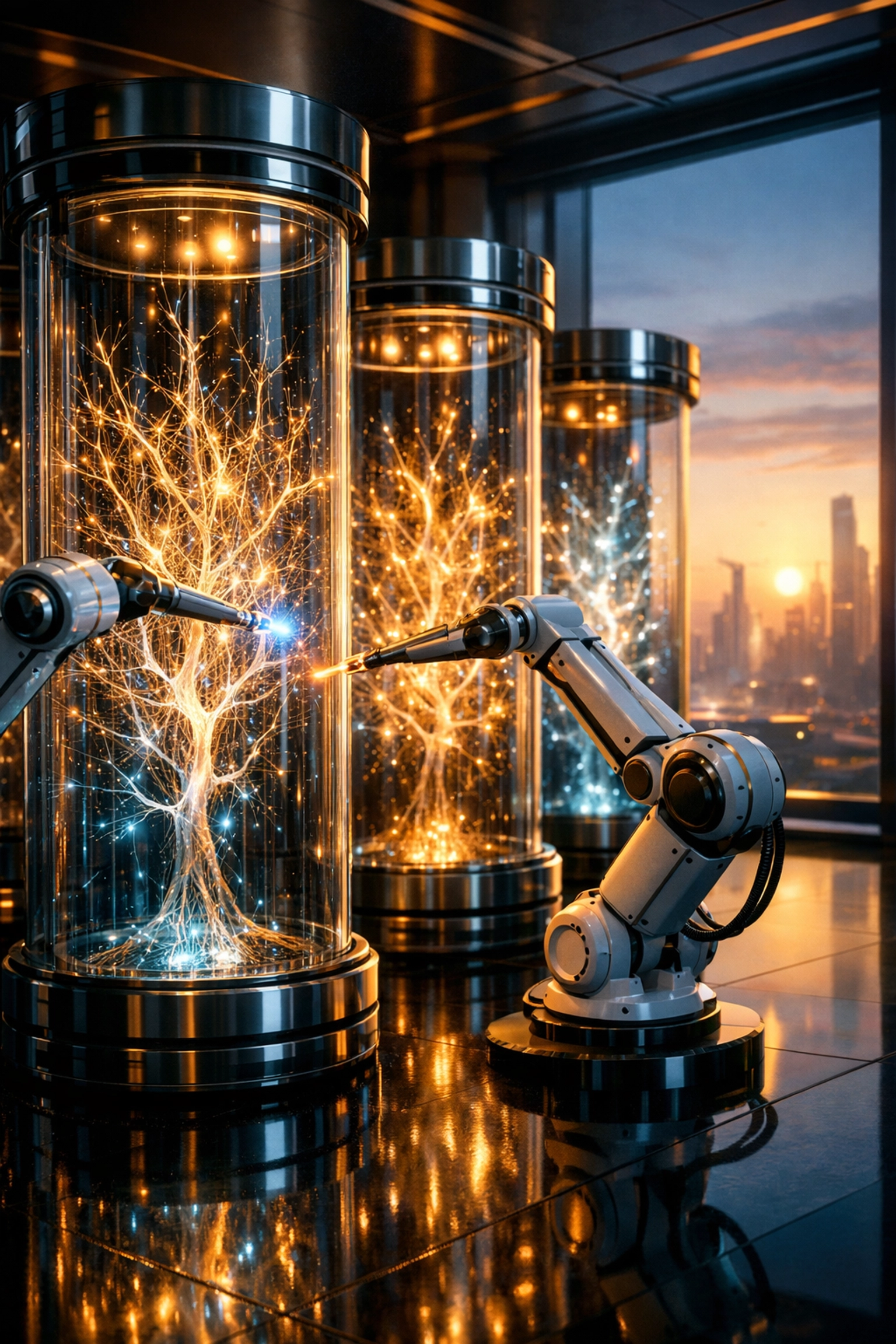 Futuristic visualization of AI integration services showing automated model monitoring and business process retraining.